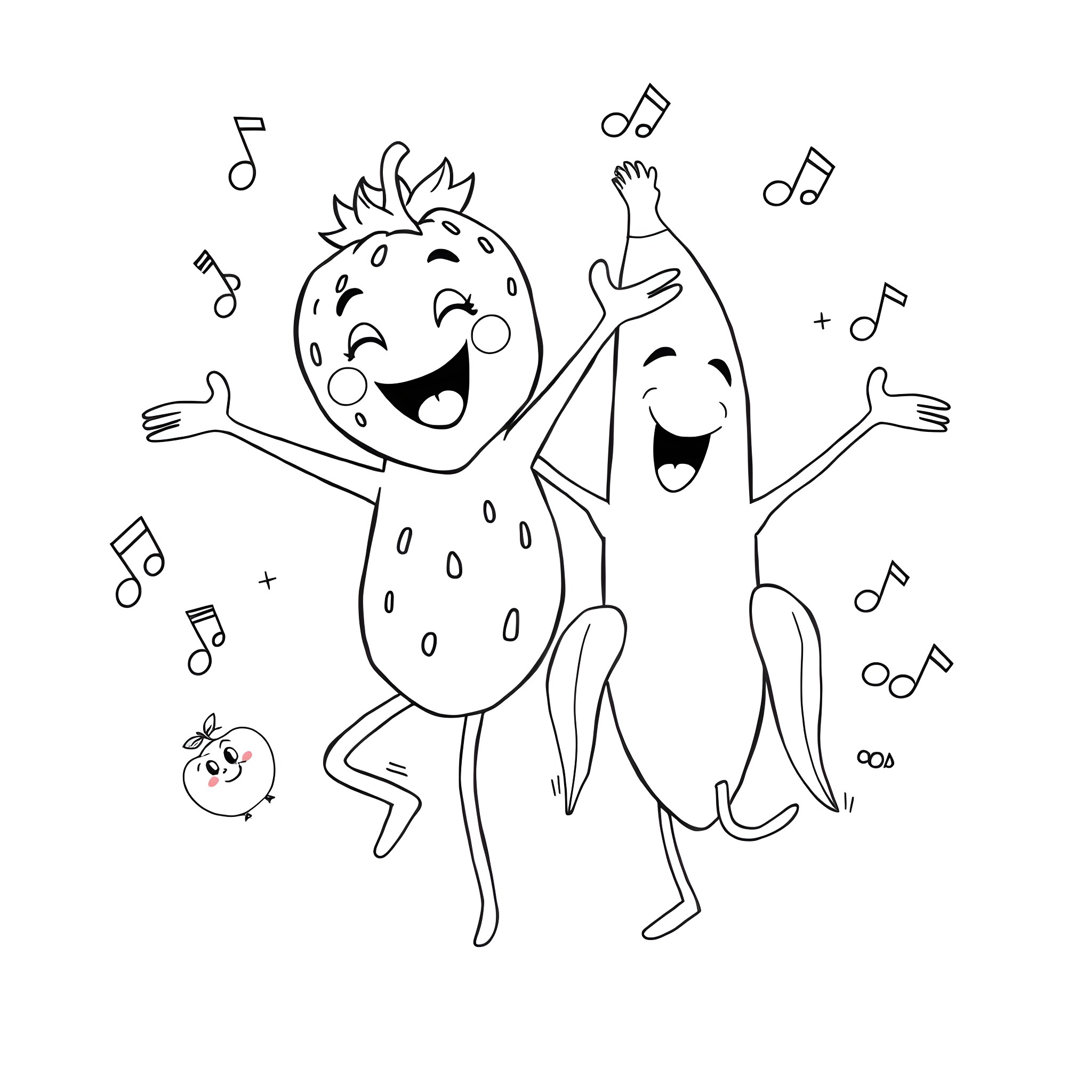 Strawberry characters happily dancing with music notes Coloring Page (free black-and-white line drawing printable PDF for all, from beginners to advanced learners, including children, teens, adults, and seniors)