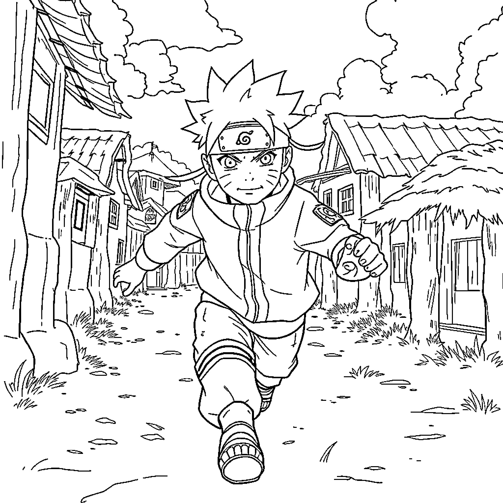 Naruto running through the village Coloring Page (free black-and-white line drawing printable PDF for all, from beginners to advanced learners, including children, teens, adults, and seniors)