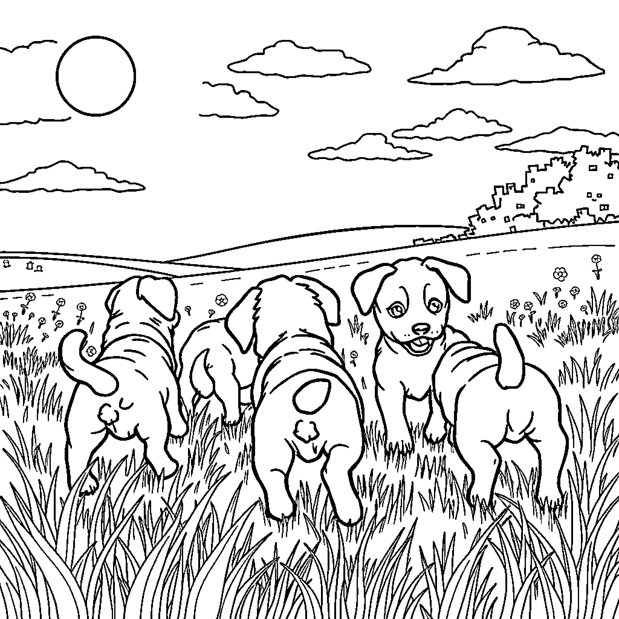 Puppy playing happily in the meadow Coloring Page (free black-and-white line drawing printable PDF for all, from beginners to advanced learners, including children, teens, adults, and seniors)