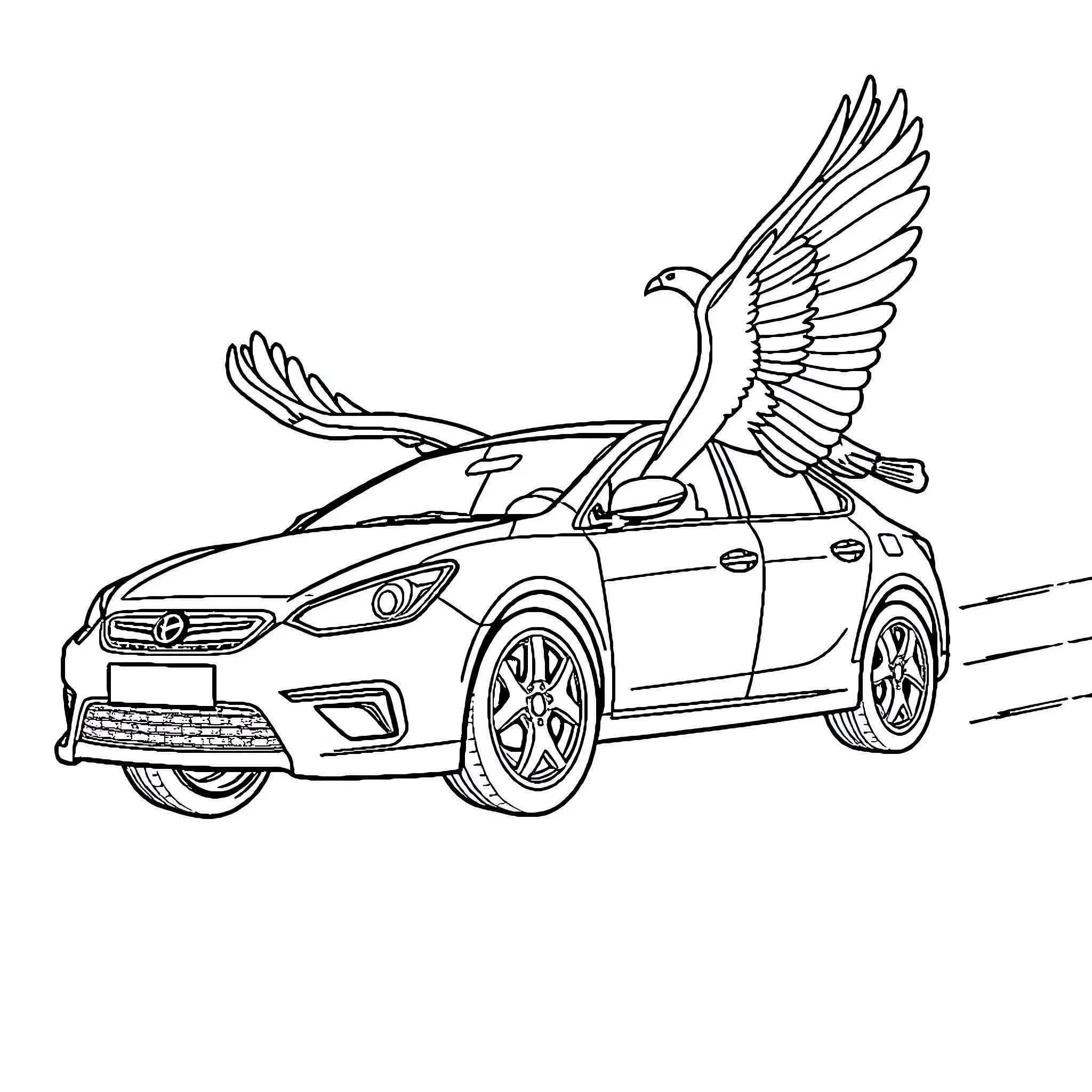 Flying Car with Soaring Eagle Coloring Page (free black-and-white line drawing printable PDF for all, from beginners to advanced learners, including children, teens, adults, and seniors)