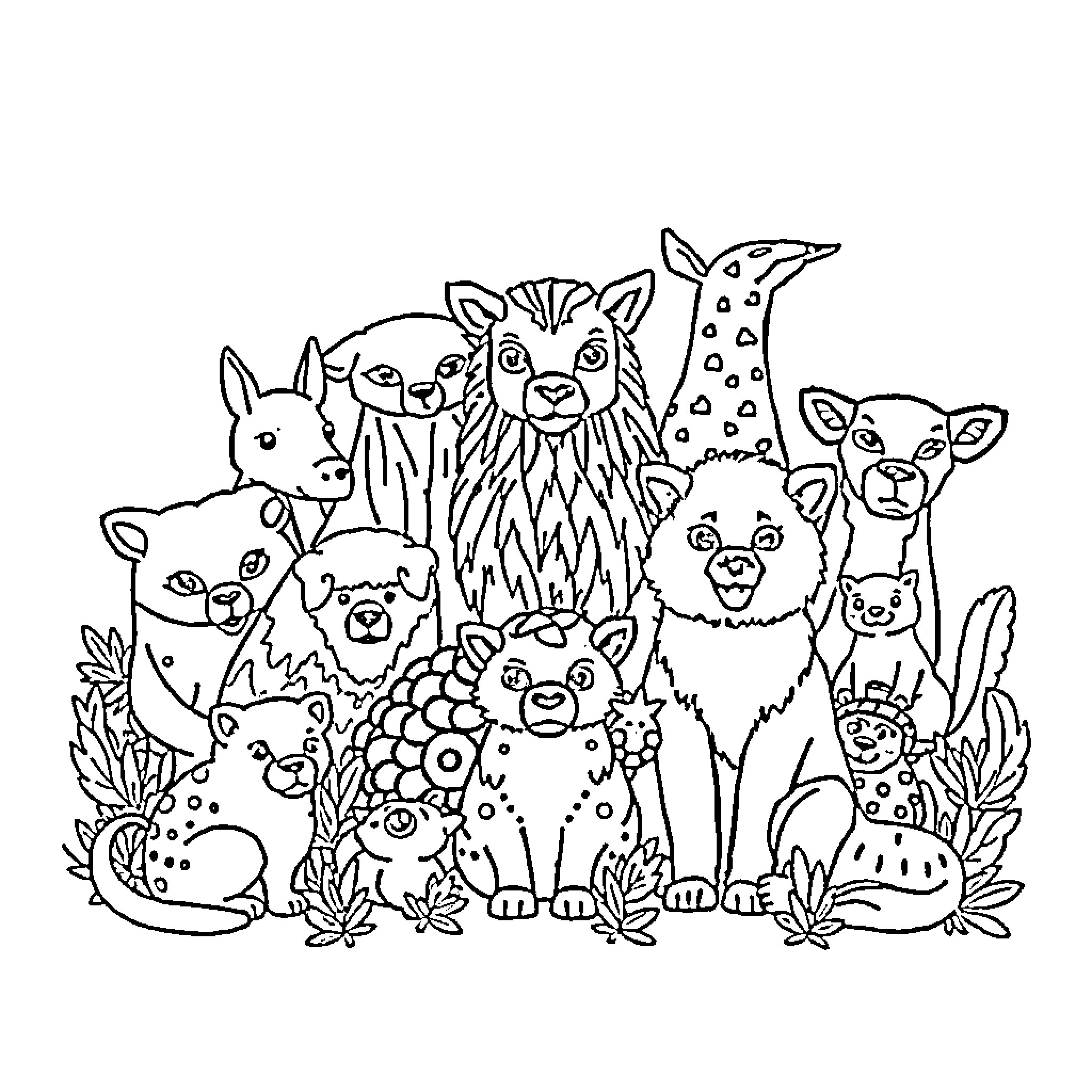 Animal friends gathered in the forest Coloring Page (free black-and-white line drawing printable PDF for all, from beginners to advanced learners, including children, teens, adults, and seniors)