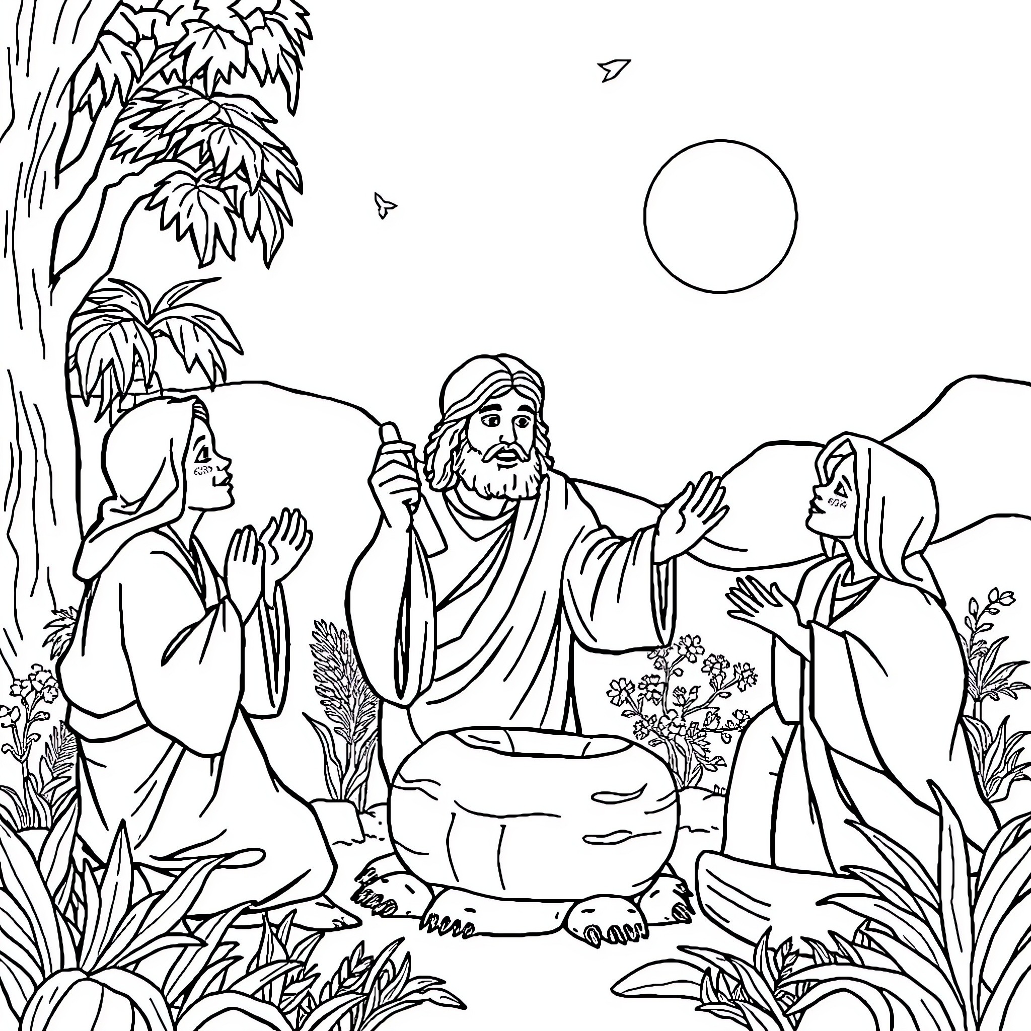 Bible scene of Jesus teaching his disciples in the wilderness Coloring Page (free black-and-white line drawing printable PDF for all, from beginners to advanced learners, including children, teens, adults, and seniors)