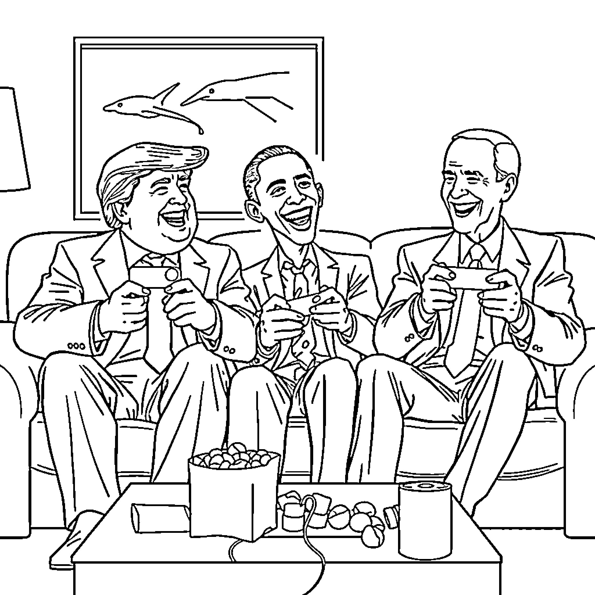 Politician Friends Enjoying Casual Gathering Coloring Page (free black-and-white line drawing printable PDF for all, from beginners to advanced learners, including children, teens, adults, and seniors)