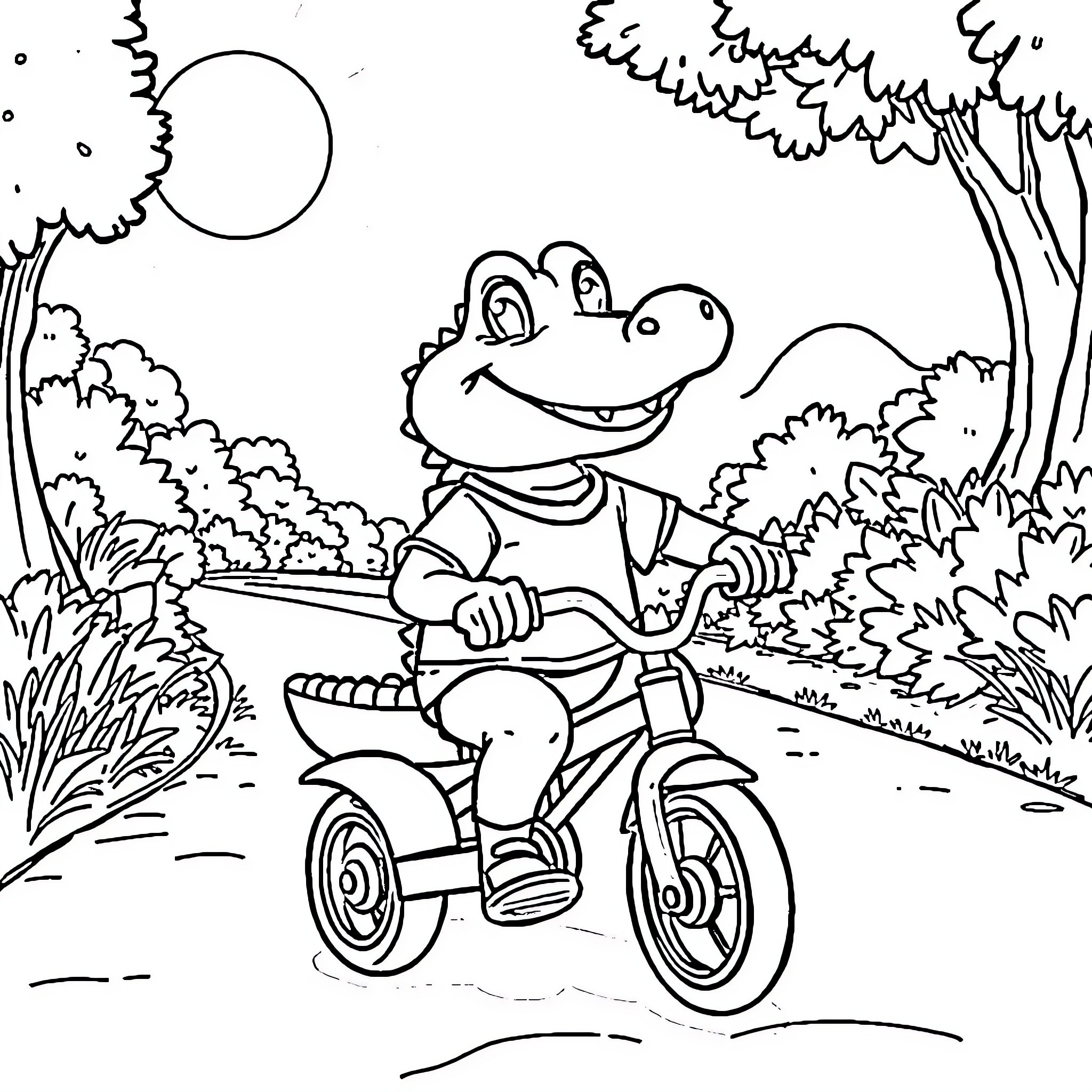 Crocodile riding a bicycle in the countryside Coloring Page (free black-and-white line drawing printable PDF for all, from beginners to advanced learners, including children, teens, adults, and seniors)