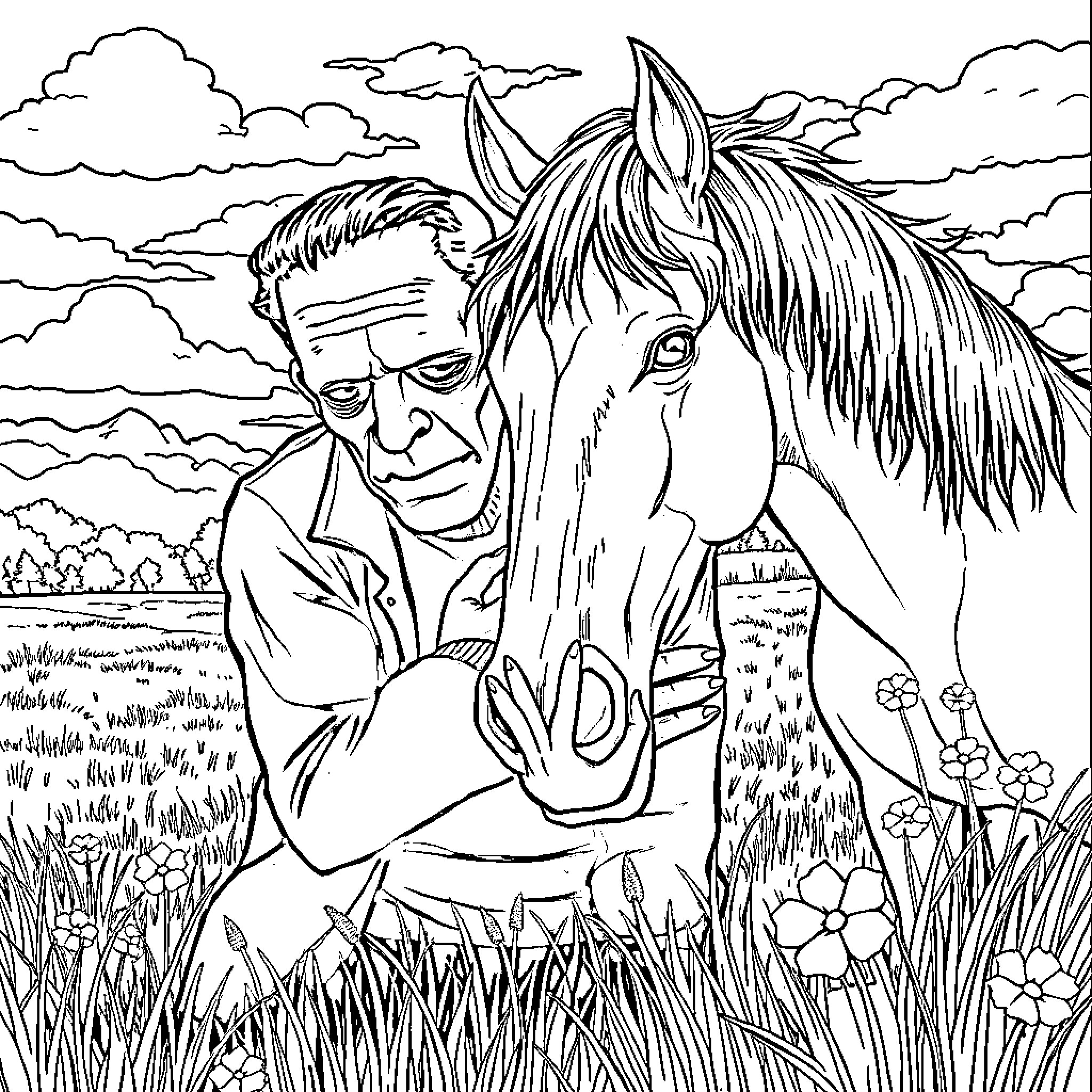 Frankenstein and his loyal equine companion in a pastoral landscape Coloring Page (free black-and-white line drawing printable PDF for all, from beginners to advanced learners, including children, teens, adults, and seniors)