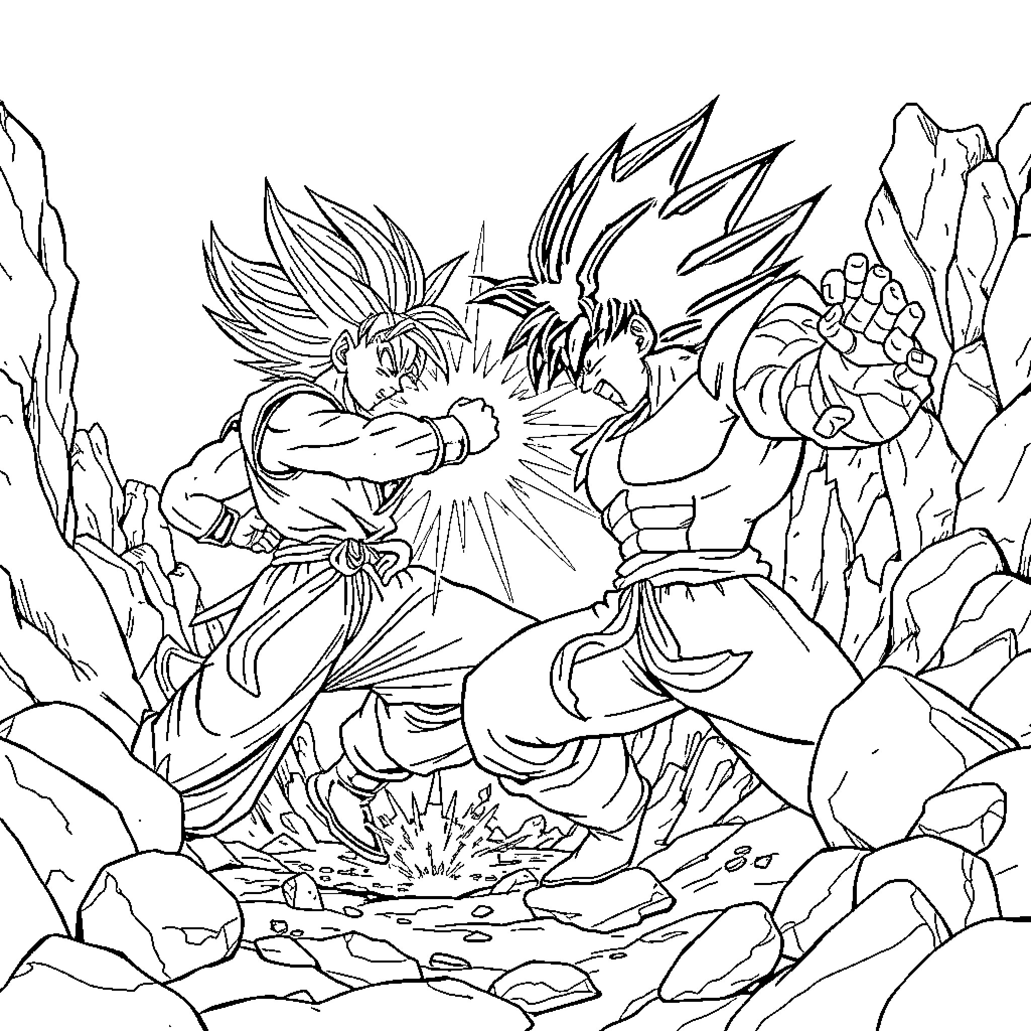 Goku and Vegeta Intense Battle Coloring Page (free black-and-white line drawing printable PDF for all, from beginners to advanced learners, including children, teens, adults, and seniors)