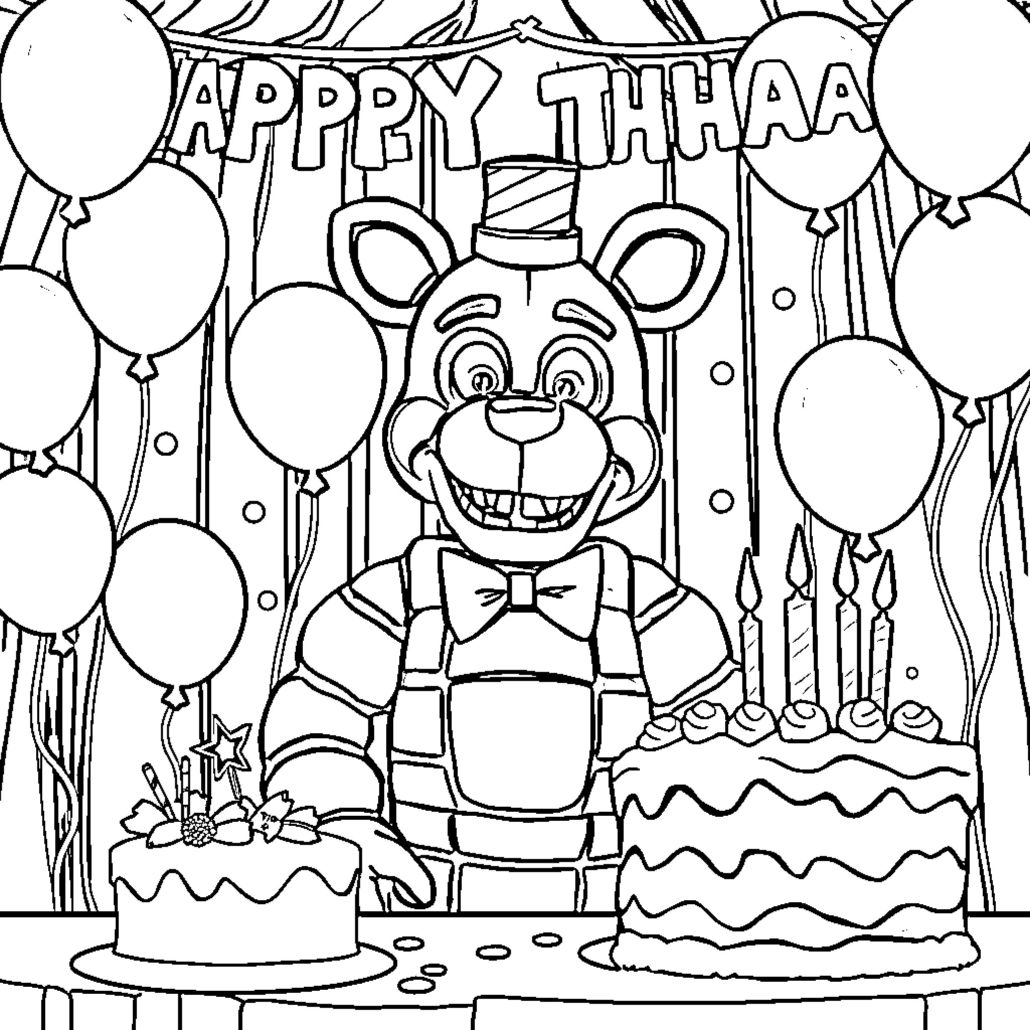 Freddy Fazbear's Birthday Party Coloring Page (free black-and-white line drawing printable PDF for all, from beginners to advanced learners, including children, teens, adults, and seniors)