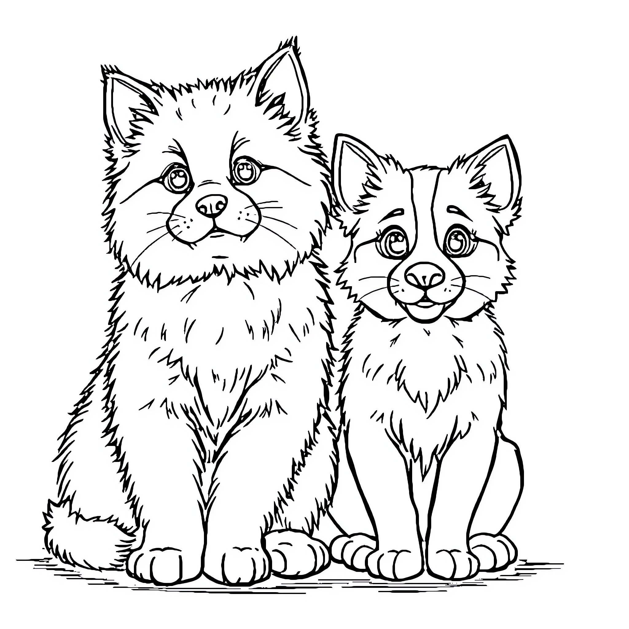Cat Duo: Adorable Furry Companions Coloring Page (free black-and-white line drawing printable PDF for all, from beginners to advanced learners, including children, teens, adults, and seniors)