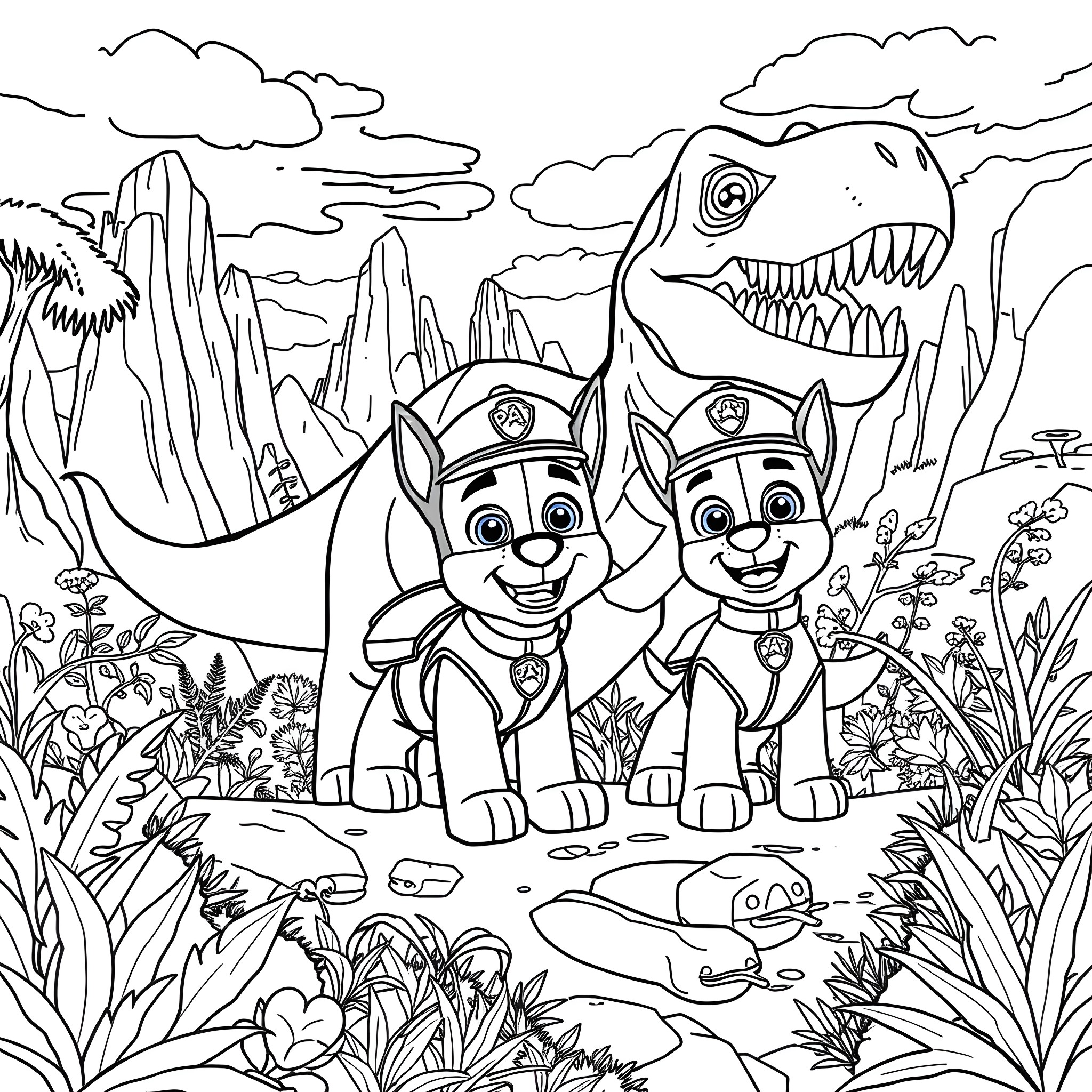 Marshall and Chase Explore the Prehistoric Landscape Coloring Page (free black-and-white line drawing printable PDF for all, from beginners to advanced learners, including children, teens, adults, and seniors)