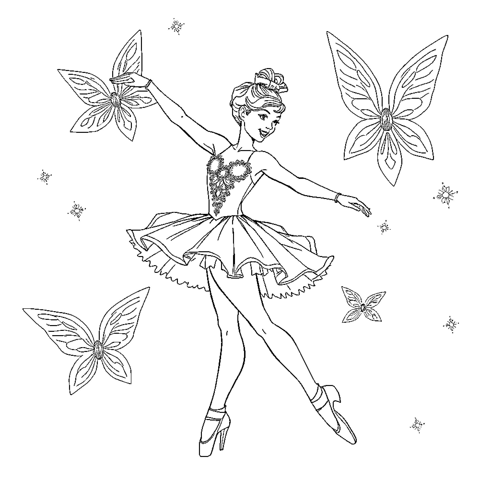 Ballet Dancer in Flowery Tutu with Butterfly Wings Coloring Page (free black-and-white line drawing printable PDF for all, from beginners to advanced learners, including children, teens, adults, and seniors)