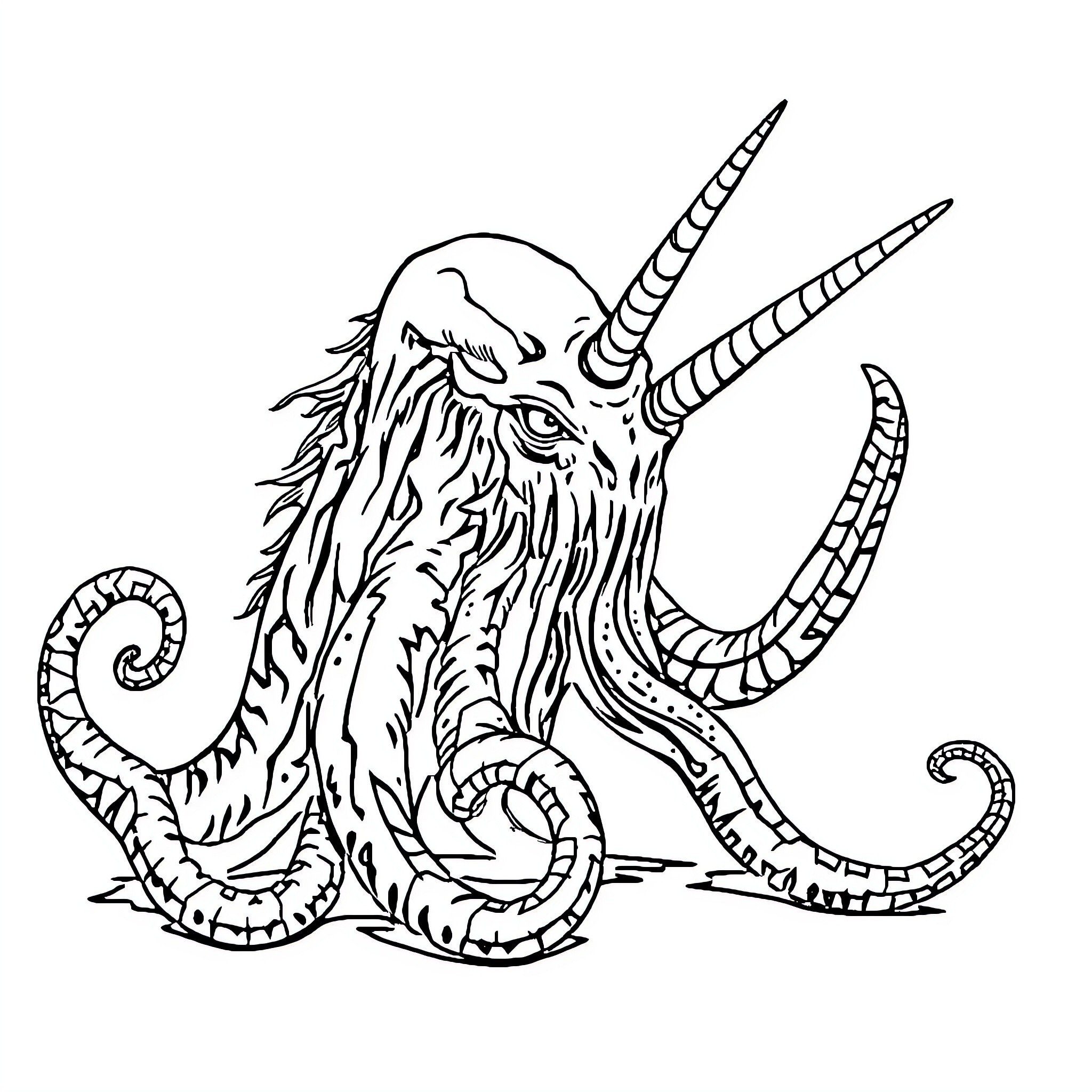 Cthulhu Unicorn in Fantastical Pose Coloring Page (free black-and-white line drawing printable PDF for all, from beginners to advanced learners, including children, teens, adults, and seniors)