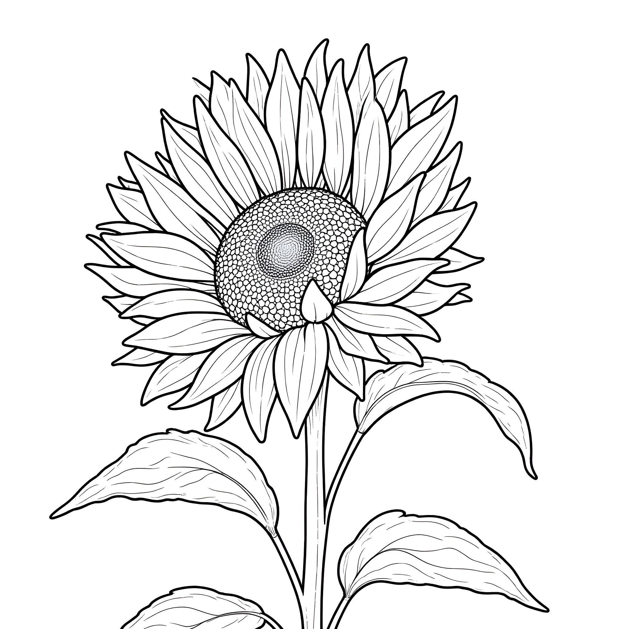 Sunflower in detailed black and white sketch Coloring Page (free black-and-white line drawing printable PDF for all, from beginners to advanced learners, including children, teens, adults, and seniors)