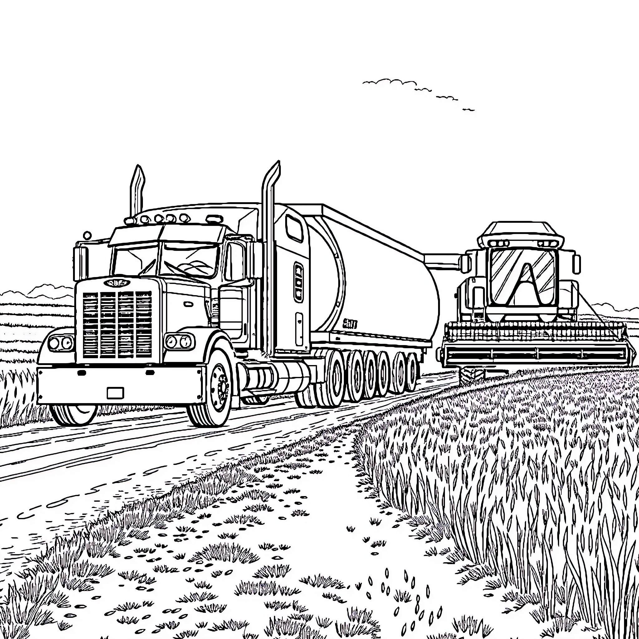 Peterbilt truck hauling heavy machinery on rural road Coloring Page (free black-and-white line drawing printable PDF for all, from beginners to advanced learners, including children, teens, adults, and seniors)