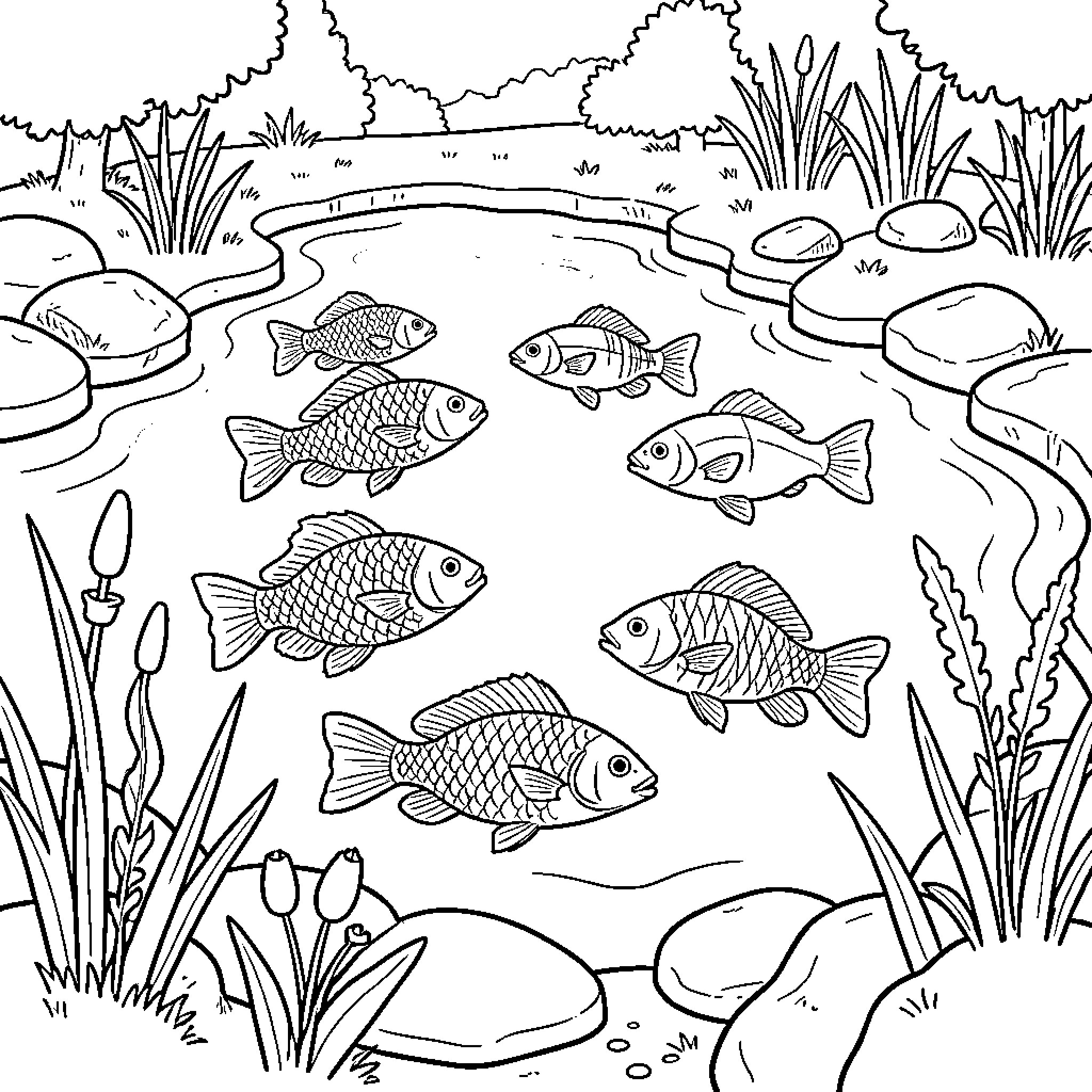 Fish swimming in a serene pond Coloring Page (free black-and-white line drawing printable PDF for all, from beginners to advanced learners, including children, teens, adults, and seniors)