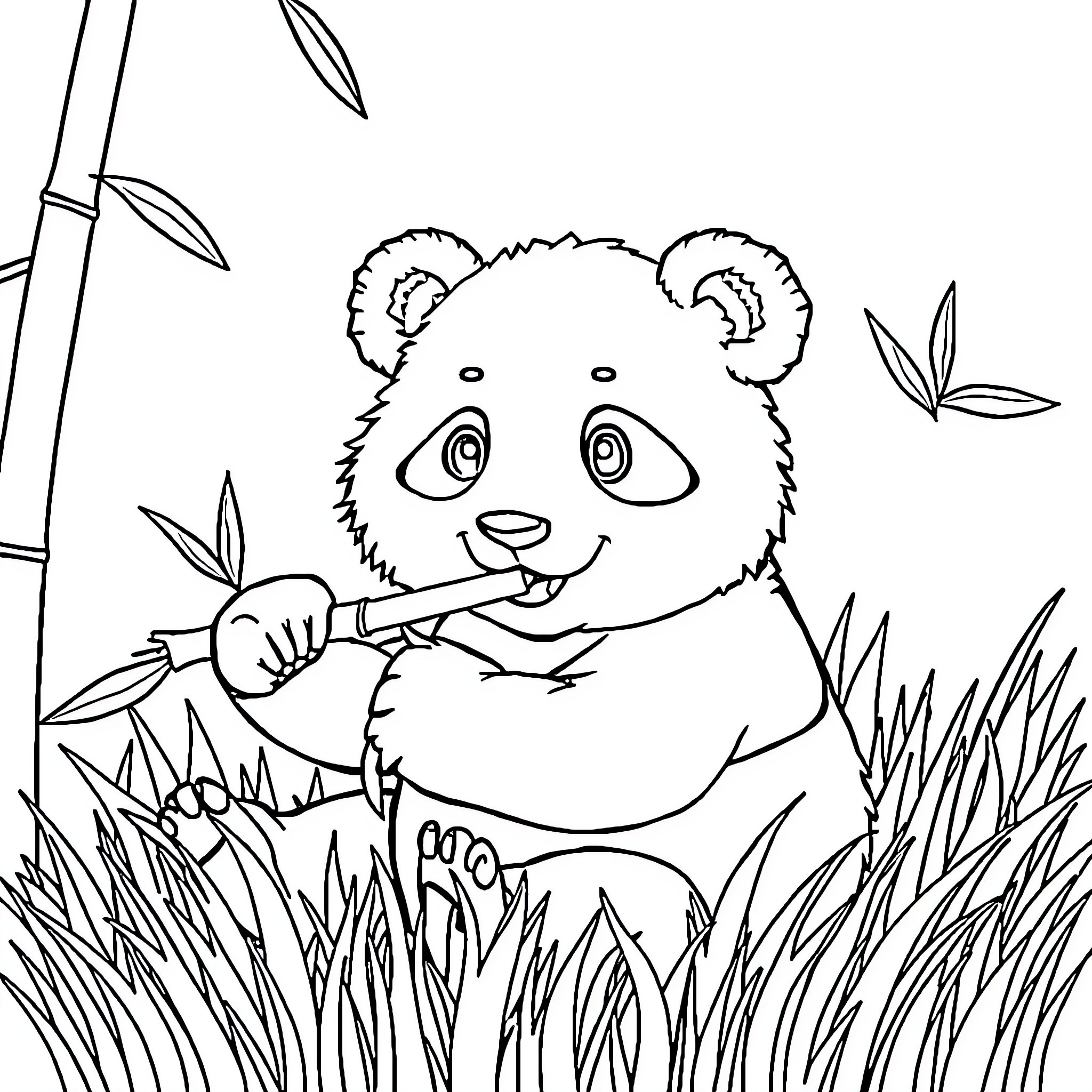 Panda enjoying bamboo in the forest Coloring Page (free black-and-white line drawing printable PDF for all, from beginners to advanced learners, including children, teens, adults, and seniors)