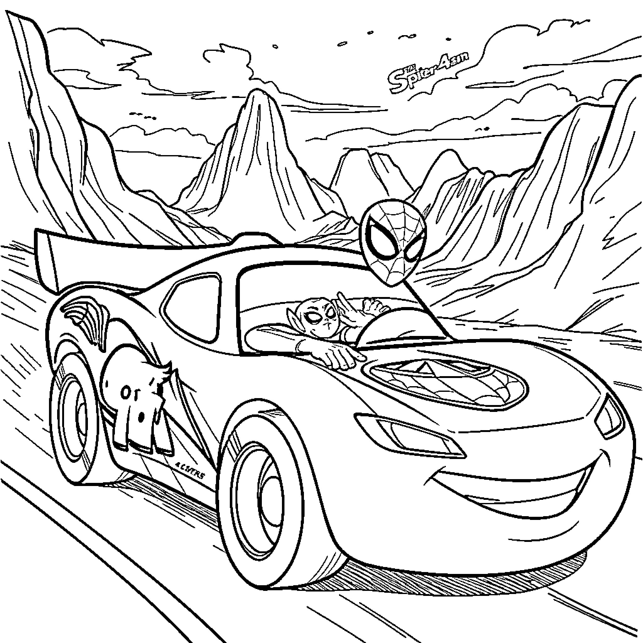 Spiderman riding a lightning-fast car in a desert landscape Coloring Page (free black-and-white line drawing printable PDF for all, from beginners to advanced learners, including children, teens, adults, and seniors)