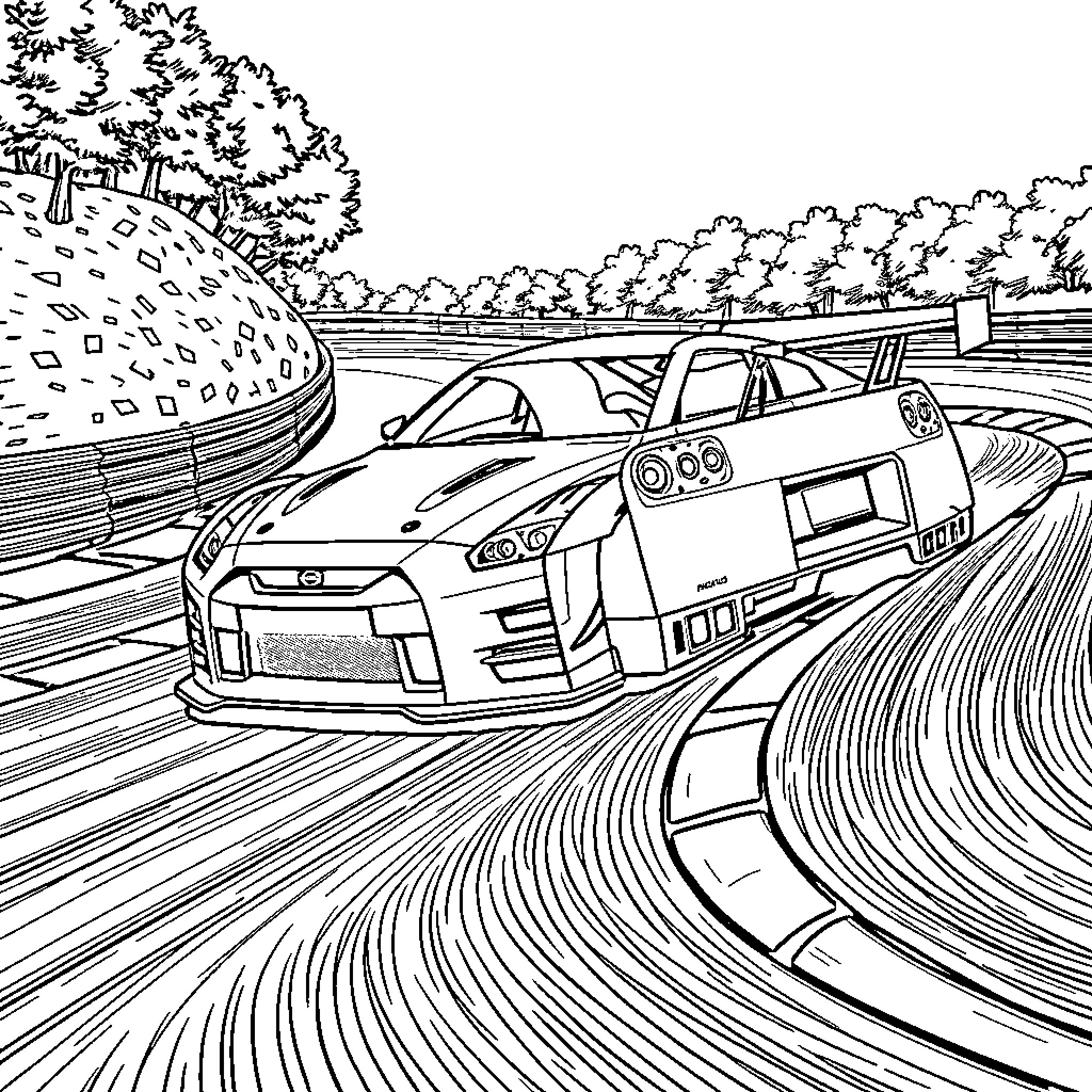 Nissan GTR speeding through a winding road Coloring Page (free black-and-white line drawing printable PDF for all, from beginners to advanced learners, including children, teens, adults, and seniors)