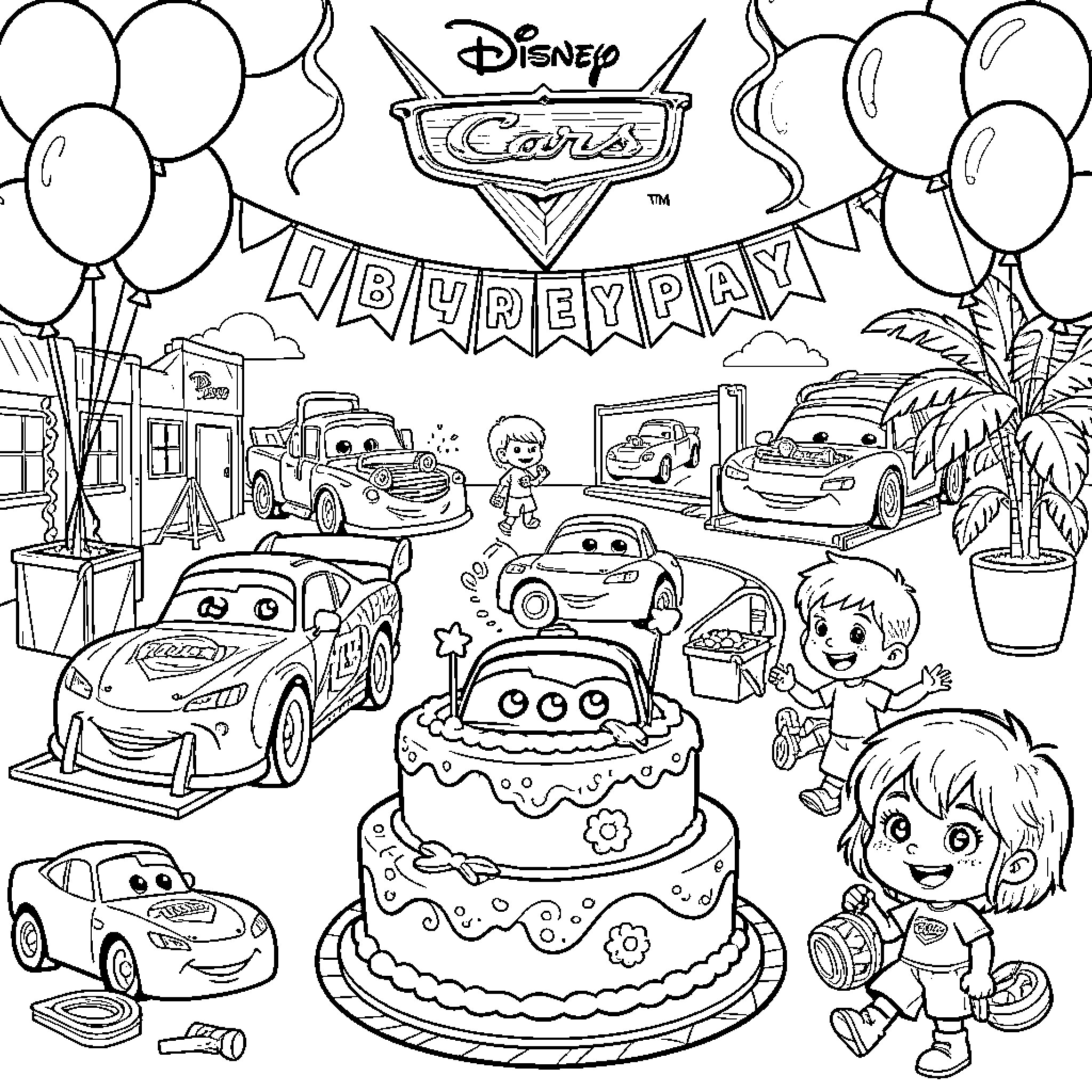 Car-themed birthday party with characters and decorations Coloring Page (free black-and-white line drawing printable PDF for all, from beginners to advanced learners, including children, teens, adults, and seniors)