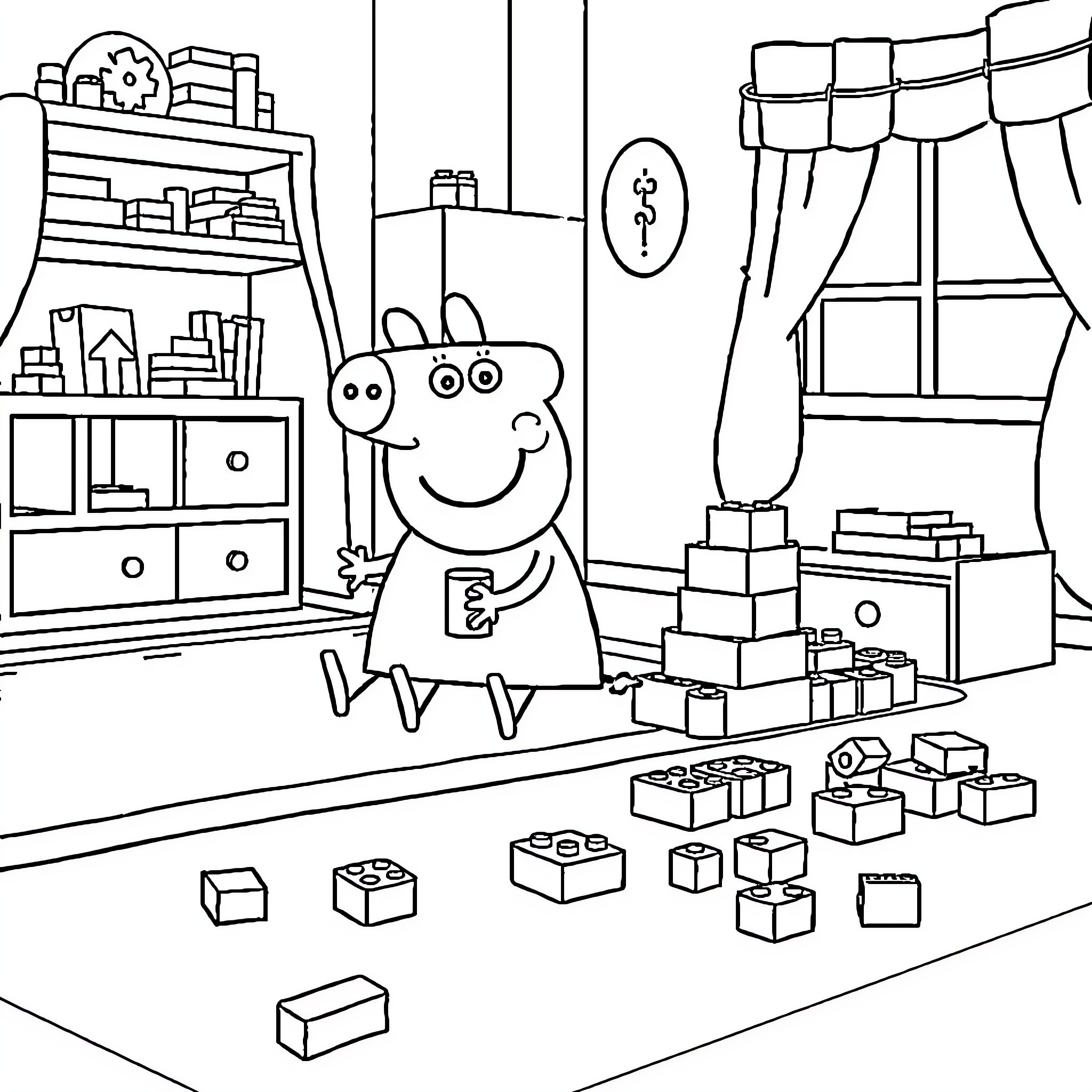 Peppa Pig playing with toys in her bedroom Coloring Page (free black-and-white line drawing printable PDF for all, from beginners to advanced learners, including children, teens, adults, and seniors)