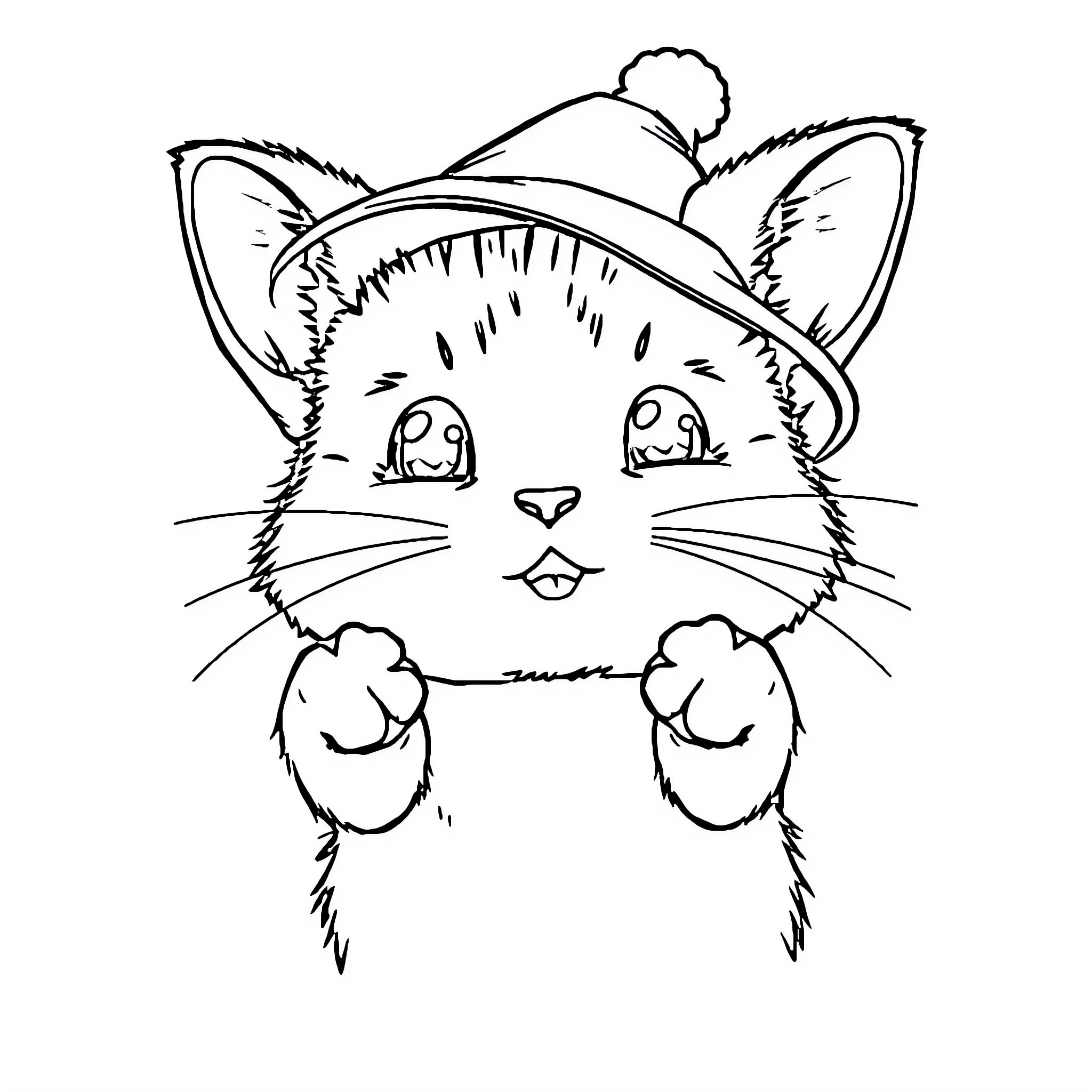 Tac Nyan cat in winter hat showing joy Coloring Page (free black-and-white line drawing printable PDF for all, from beginners to advanced learners, including children, teens, adults, and seniors)
