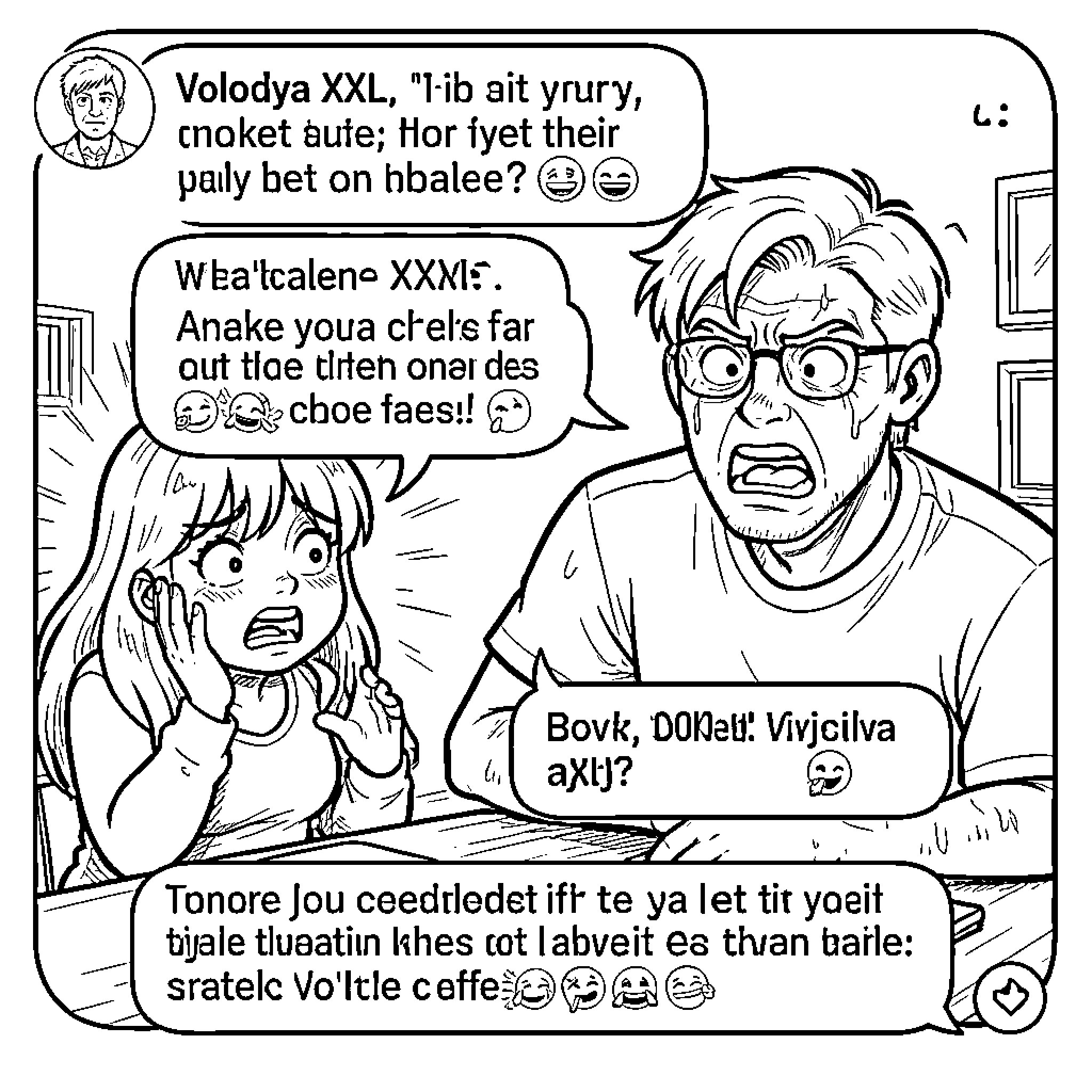 Chat about a video game and expressions Coloring Page (free black-and-white line drawing printable PDF for all, from beginners to advanced learners, including children, teens, adults, and seniors)