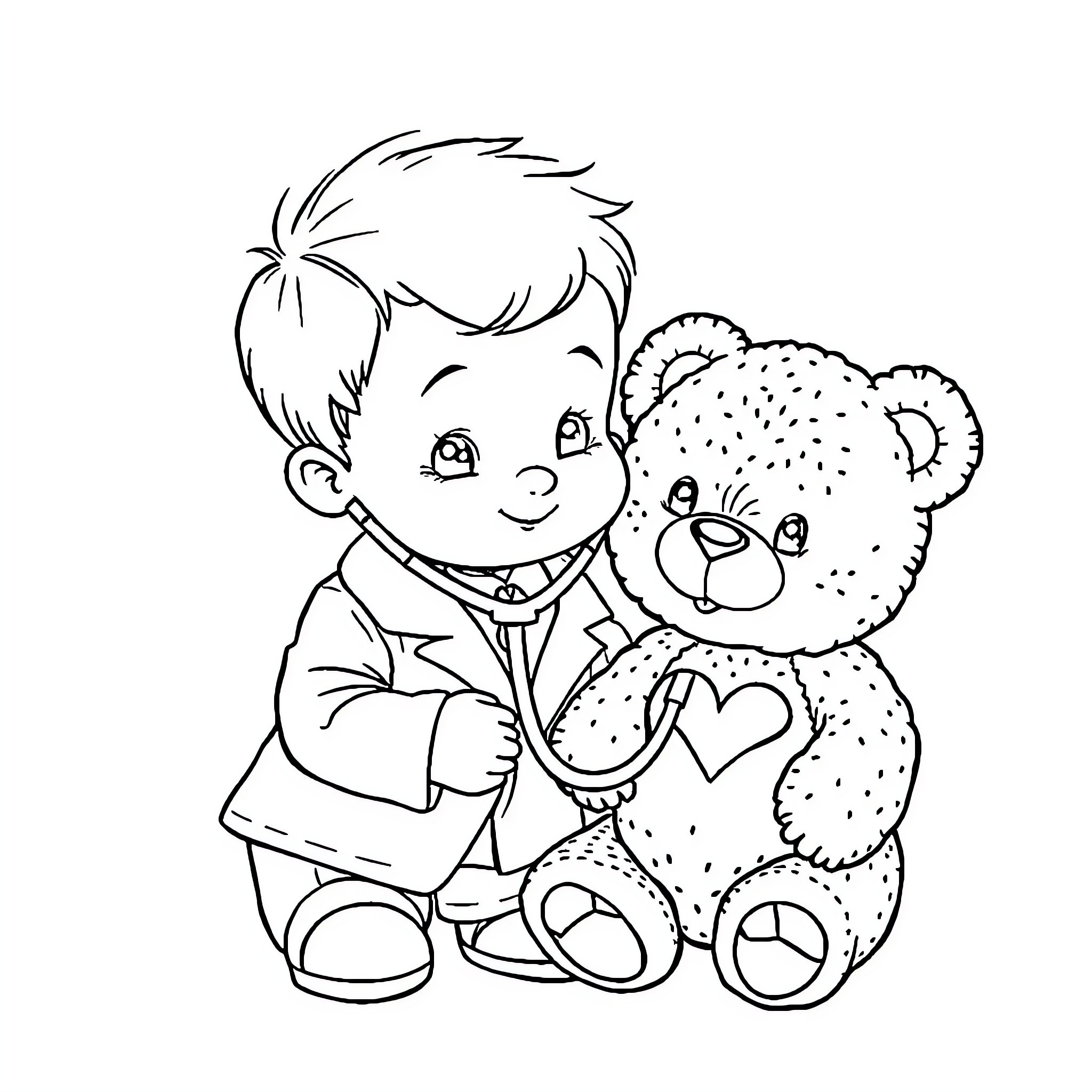 Kid playing happily with teddy bear Coloring Page (free black-and-white line drawing printable PDF for all, from beginners to advanced learners, including children, teens, adults, and seniors)