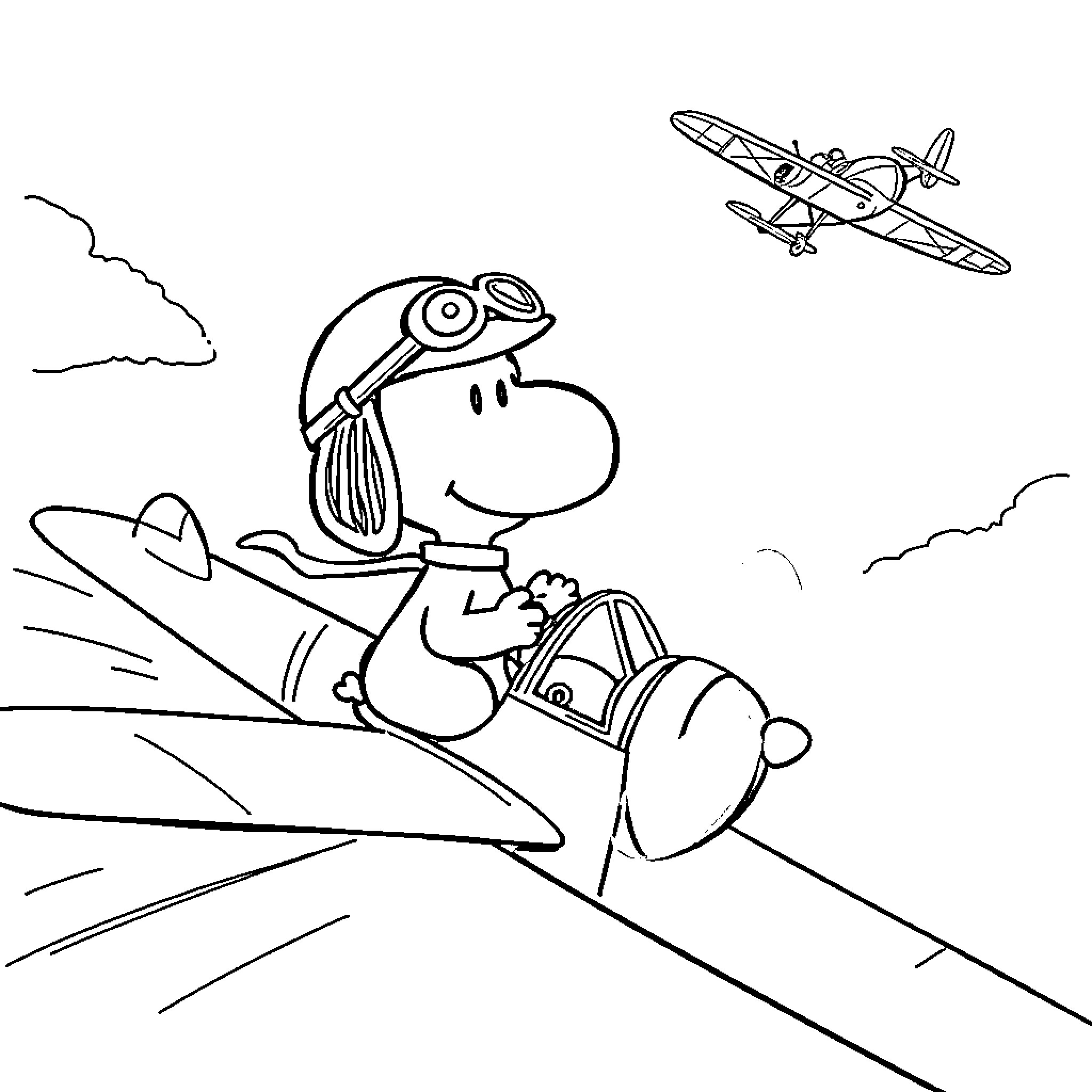 Snoopy flying a biplane in the clouds Coloring Page (free black-and-white line drawing printable PDF for all, from beginners to advanced learners, including children, teens, adults, and seniors)