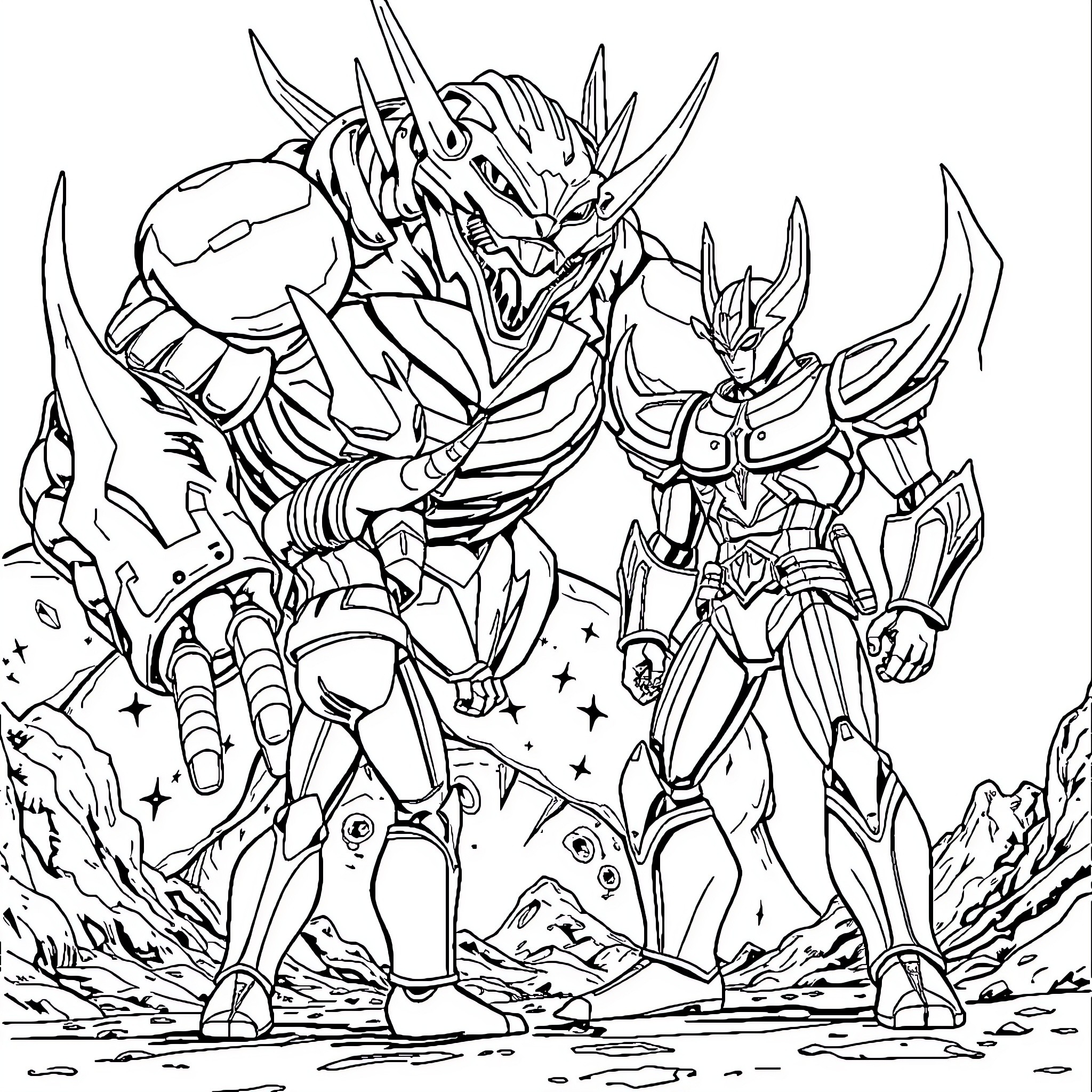 Ultraman heroes battling a fierce robotic opponent Coloring Page (free black-and-white line drawing printable PDF for all, from beginners to advanced learners, including children, teens, adults, and seniors)