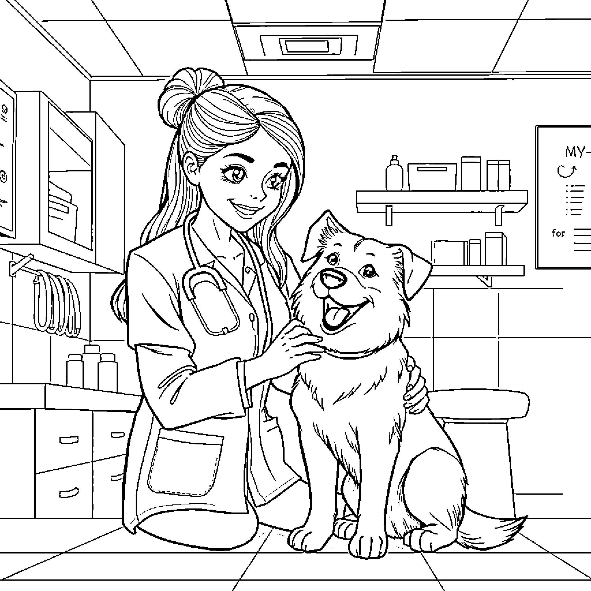 Girl Examining Playful Pet Dog in Veterinary Clinic Coloring Page (free black-and-white line drawing printable PDF for all, from beginners to advanced learners, including children, teens, adults, and seniors)