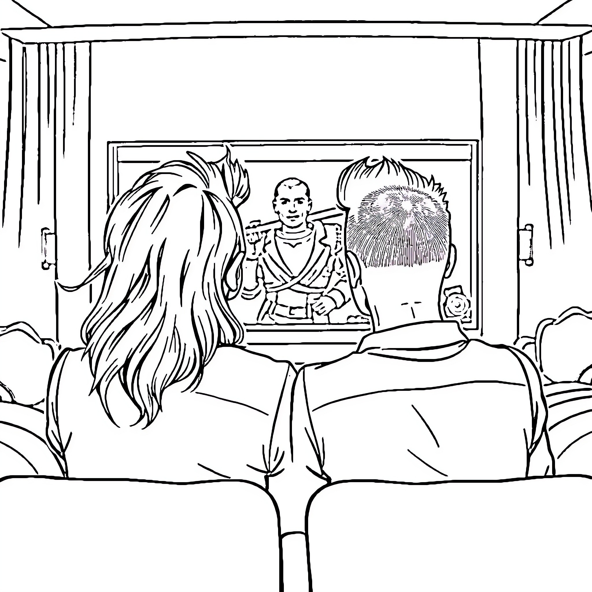 Man and woman watching movie theater performance Coloring Page (free black-and-white line drawing printable PDF for all, from beginners to advanced learners, including children, teens, adults, and seniors)