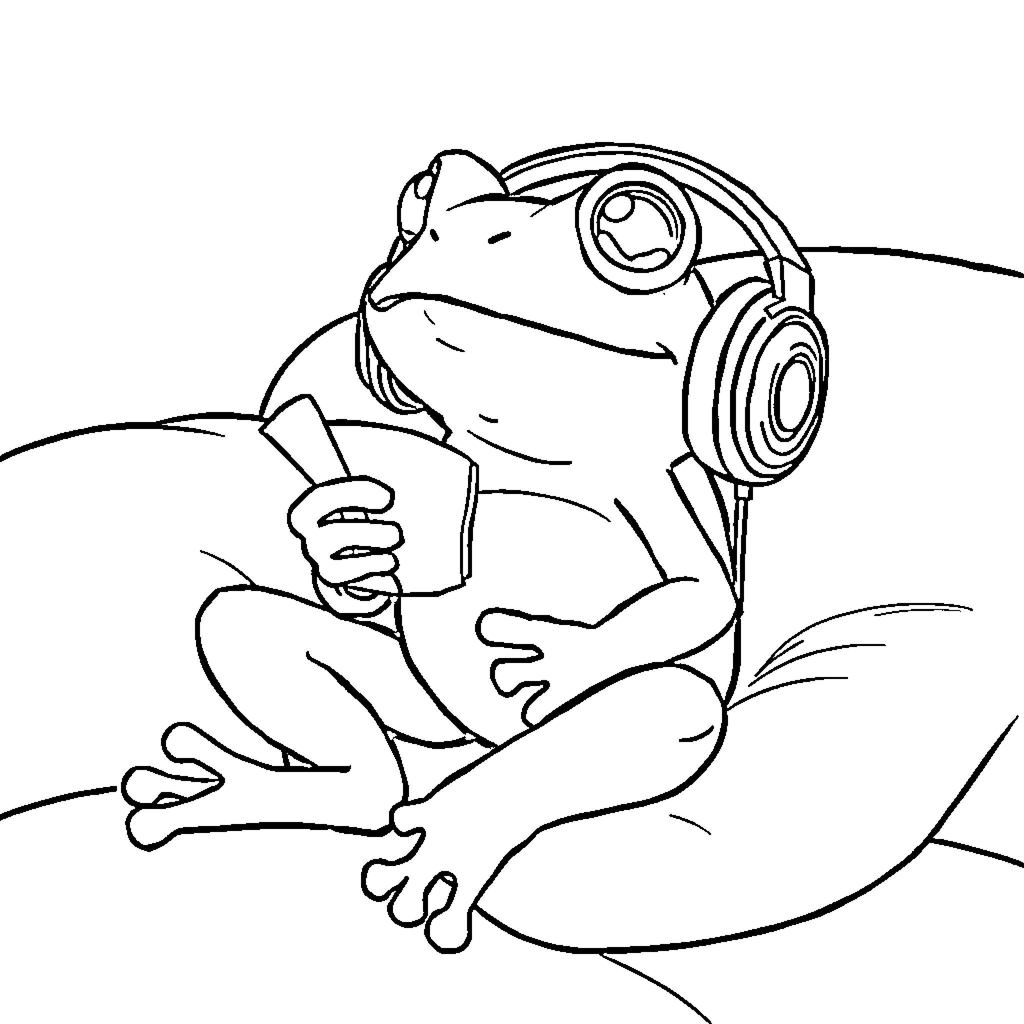 Frog listening to music with headphones Coloring Page (free black-and-white line drawing printable PDF for all, from beginners to advanced learners, including children, teens, adults, and seniors)