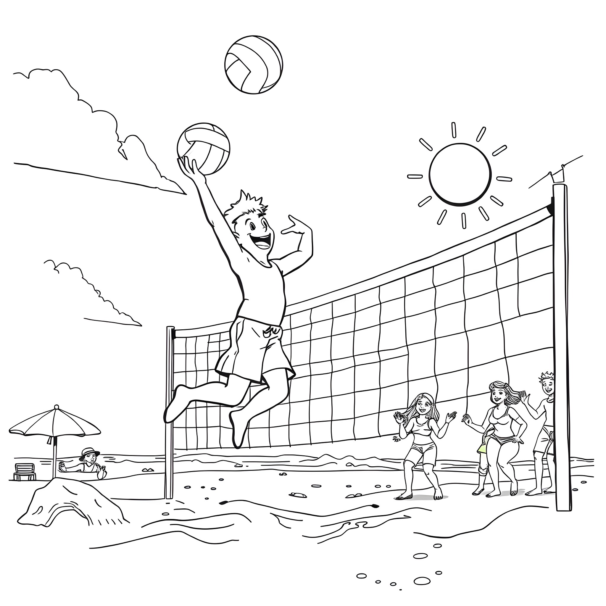 Bluey playing volleyball at the beach Coloring Page (free black-and-white line drawing printable PDF for all, from beginners to advanced learners, including children, teens, adults, and seniors)