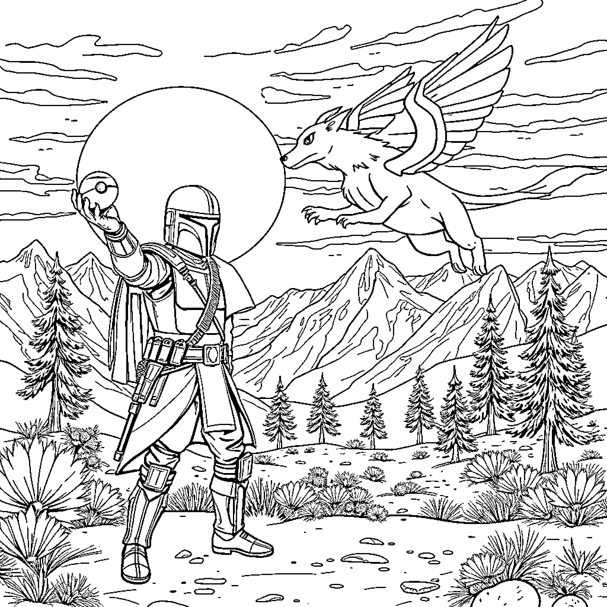 Mandalorian warrior and winged creature in mountainous landscape Coloring Page (free black-and-white line drawing printable PDF for all, from beginners to advanced learners, including children, teens, adults, and seniors)