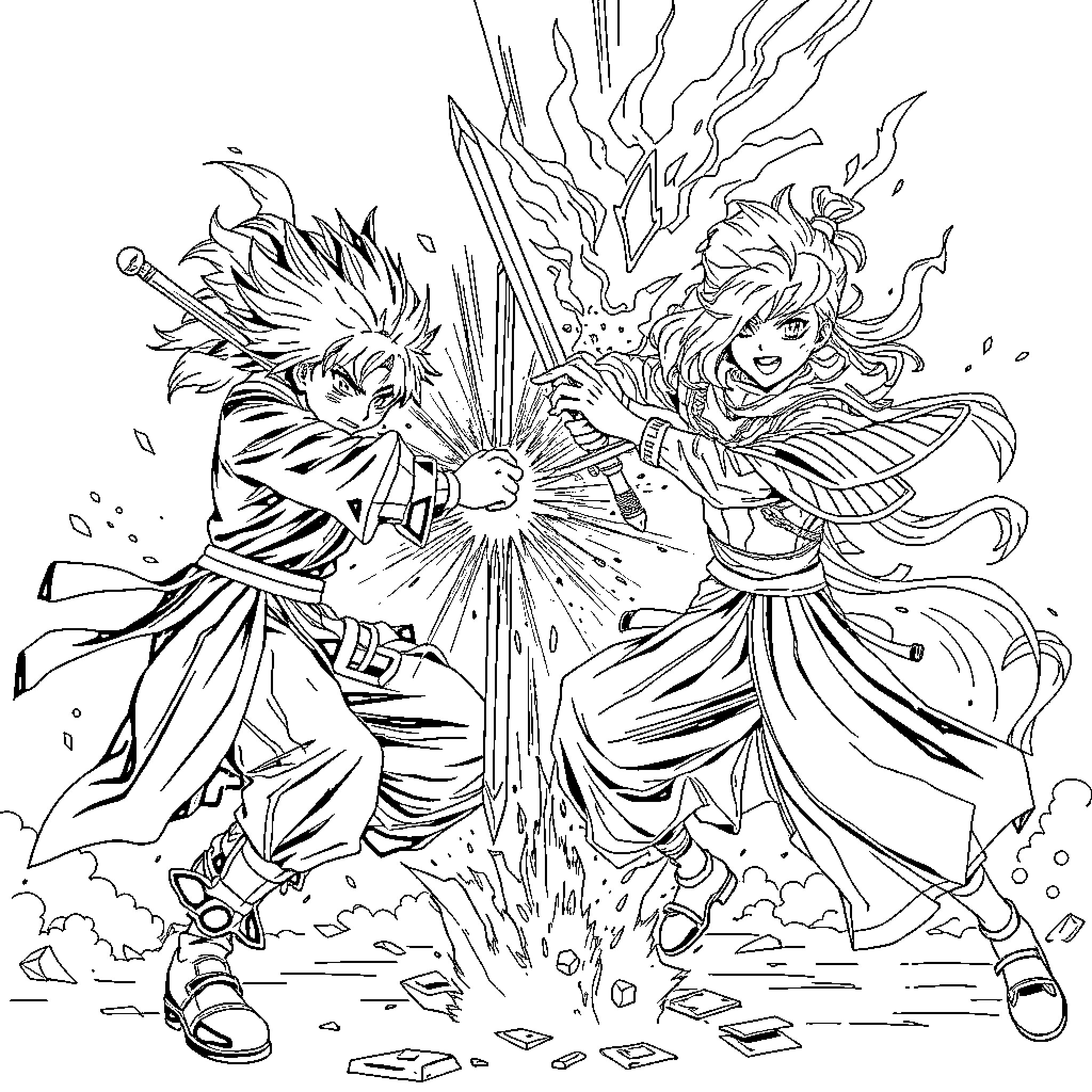 Tanjiro's Fiery Clash with the Enigmatic Opponent Coloring Page (free black-and-white line drawing printable PDF for all, from beginners to advanced learners, including children, teens, adults, and seniors)