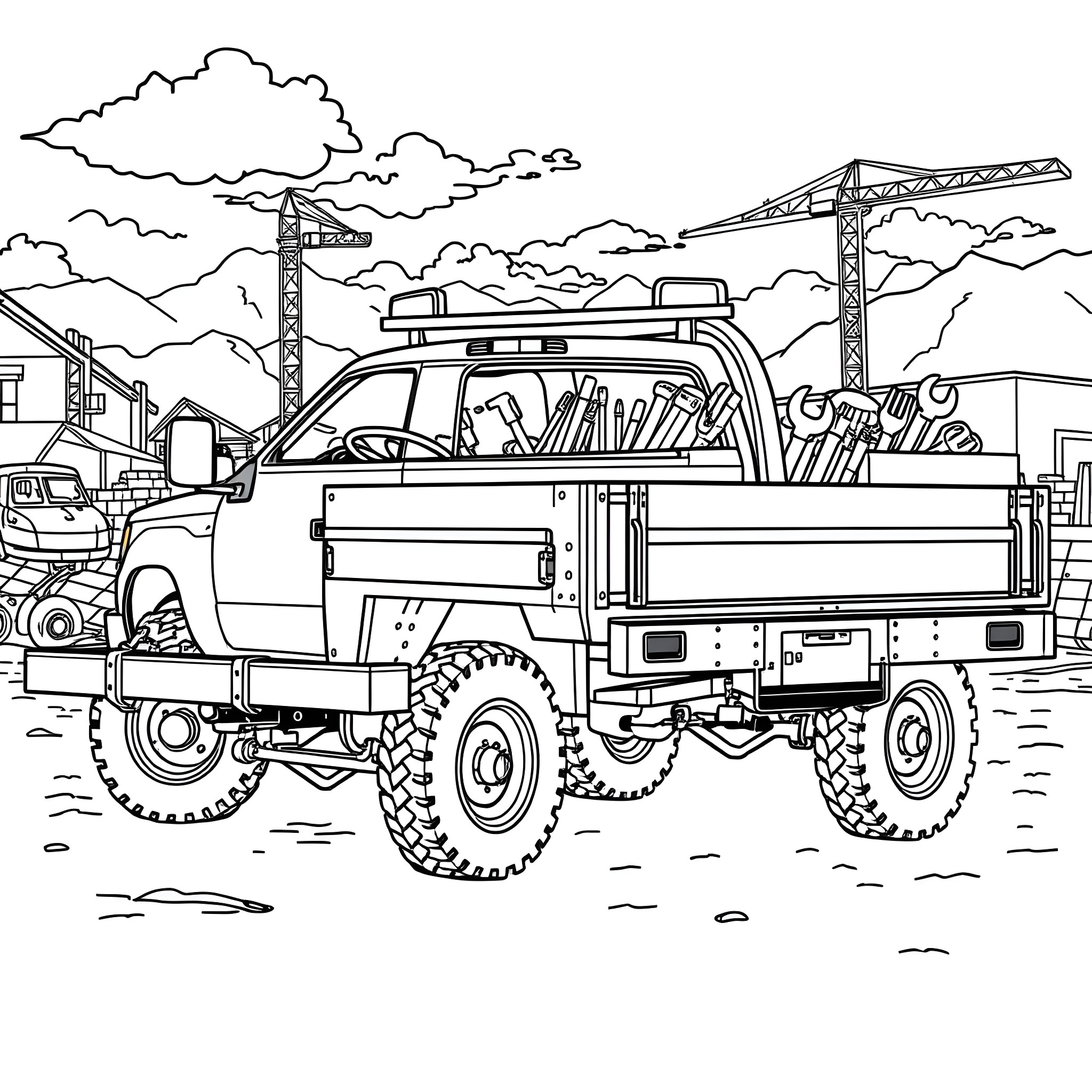 Pickup truck transporting construction equipment Coloring Page (free black-and-white line drawing printable PDF for all, from beginners to advanced learners, including children, teens, adults, and seniors)