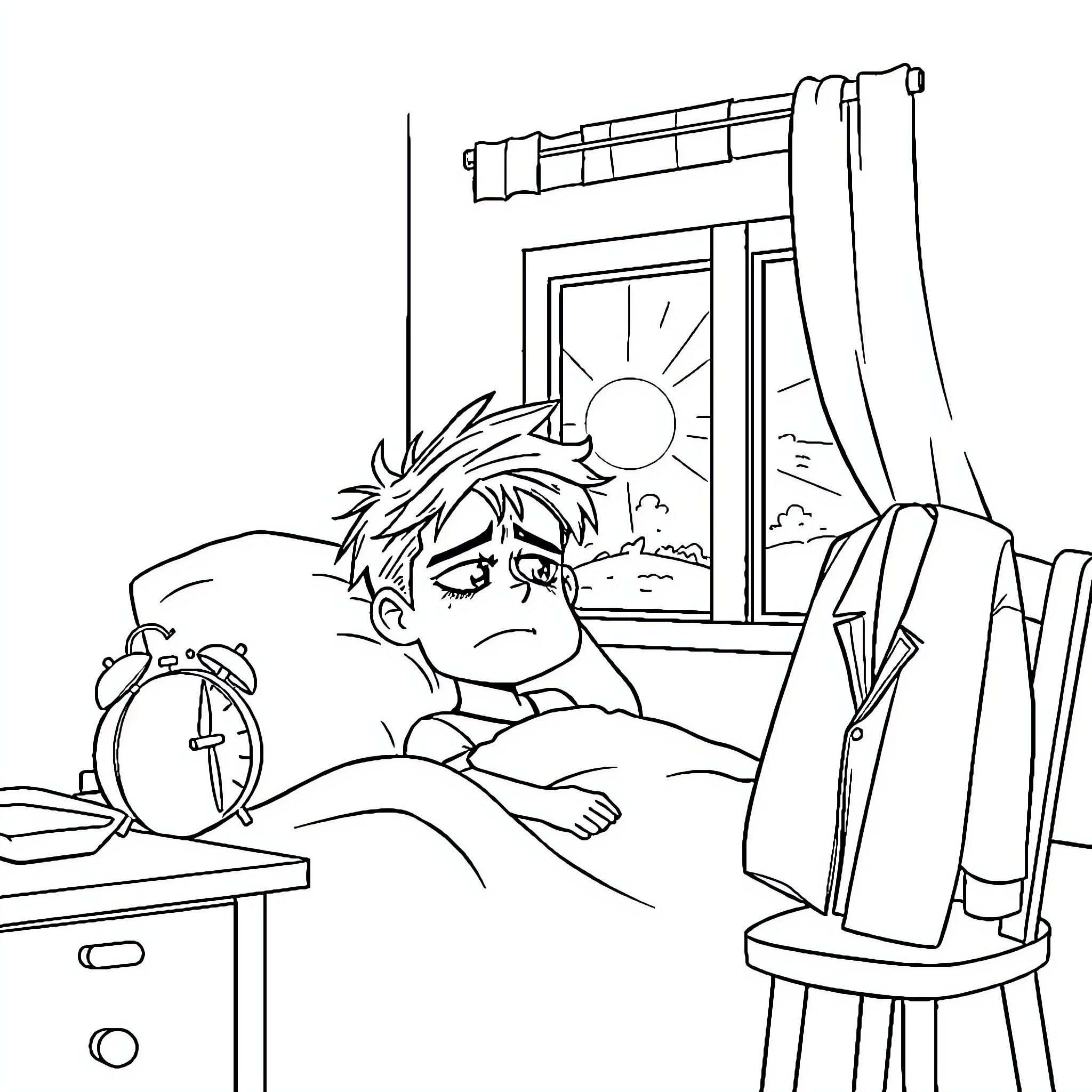 Boy wakes up to a new day Coloring Page (free black-and-white line drawing printable PDF for all, from beginners to advanced learners, including children, teens, adults, and seniors)