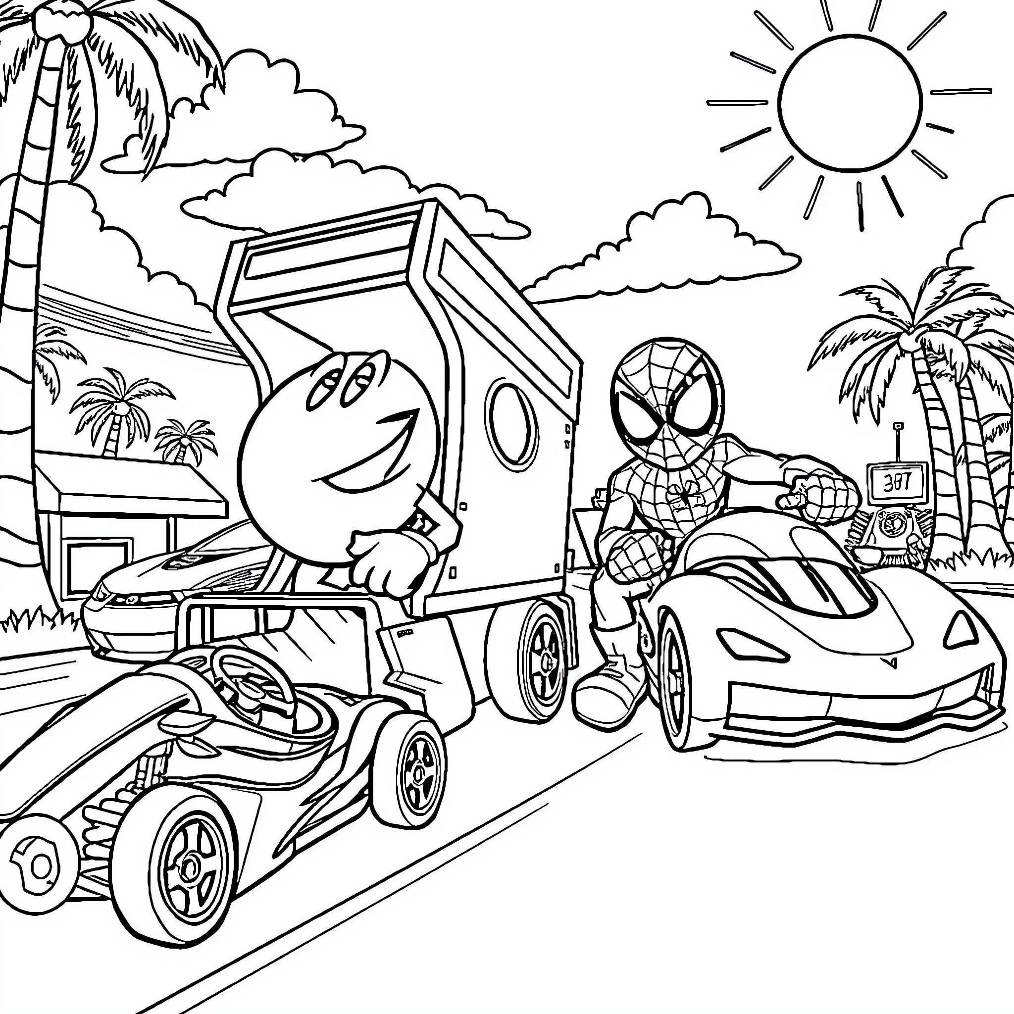 Pac-Man racing with Spiderman in tropical paradise Coloring Page (free black-and-white line drawing printable PDF for all, from beginners to advanced learners, including children, teens, adults, and seniors)