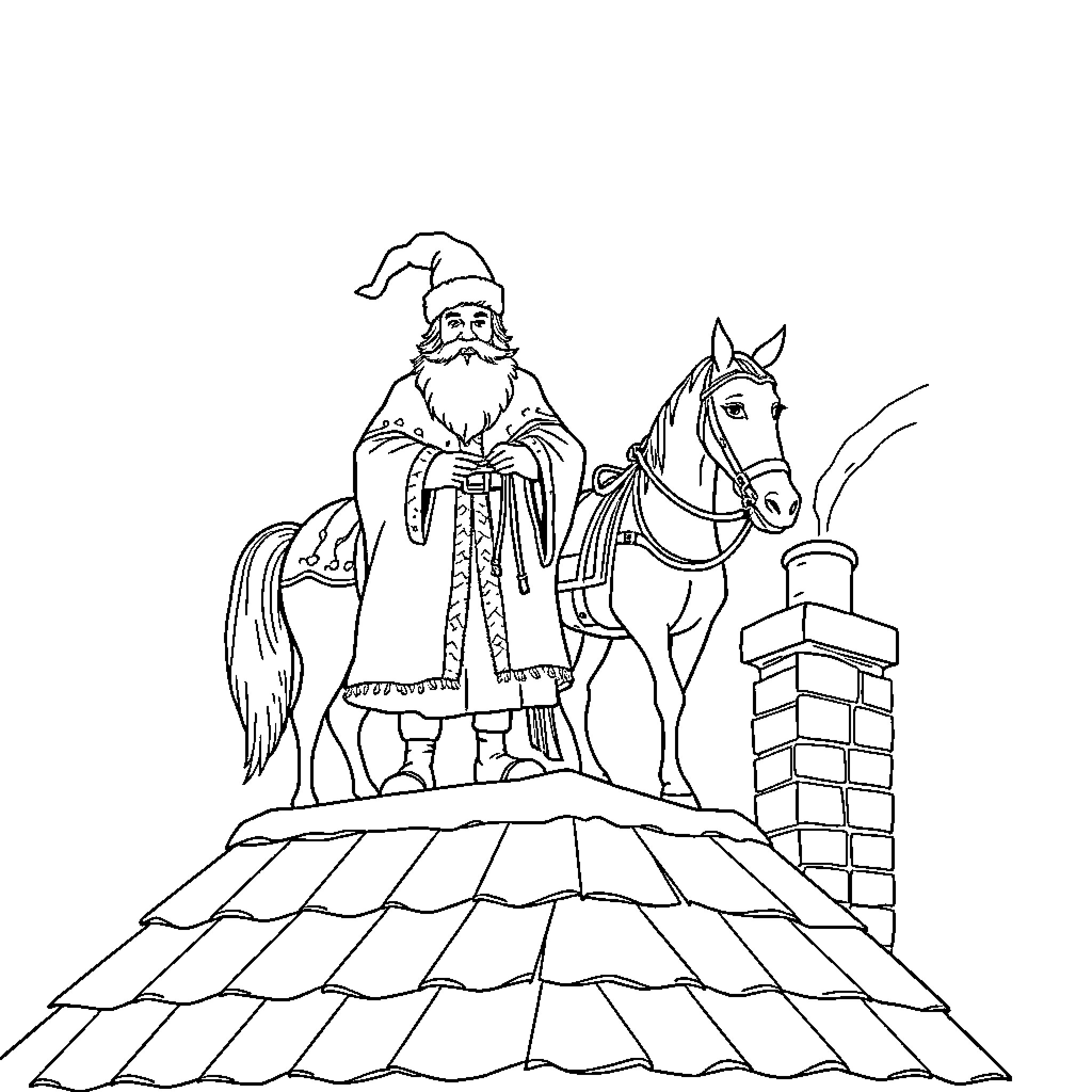 Sinterklaas riding on his trusty steed across the rooftops Coloring Page (free black-and-white line drawing printable PDF for all, from beginners to advanced learners, including children, teens, adults, and seniors)