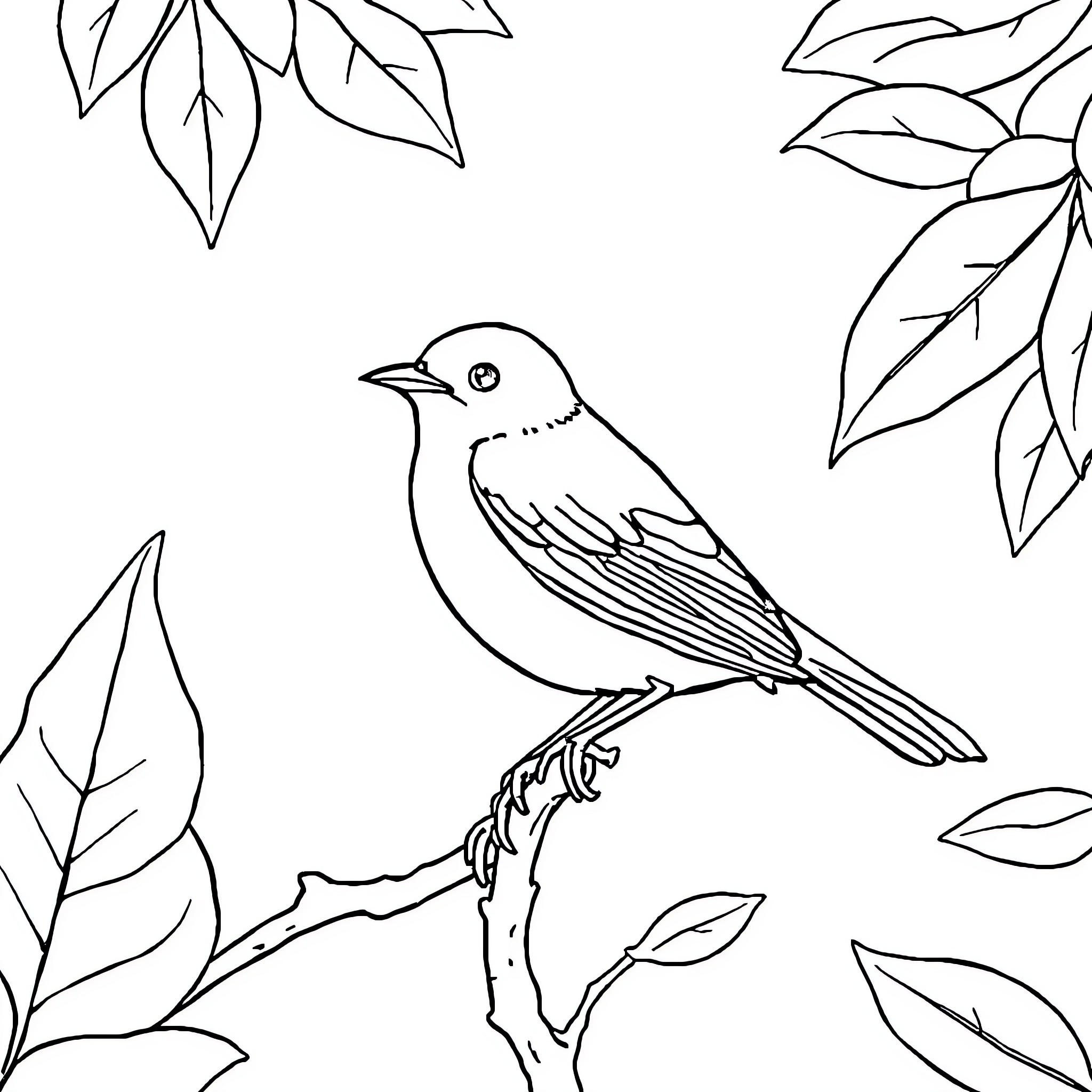 Bird perched among stylized foliage Coloring Page (free black-and-white line drawing printable PDF for all, from beginners to advanced learners, including children, teens, adults, and seniors)