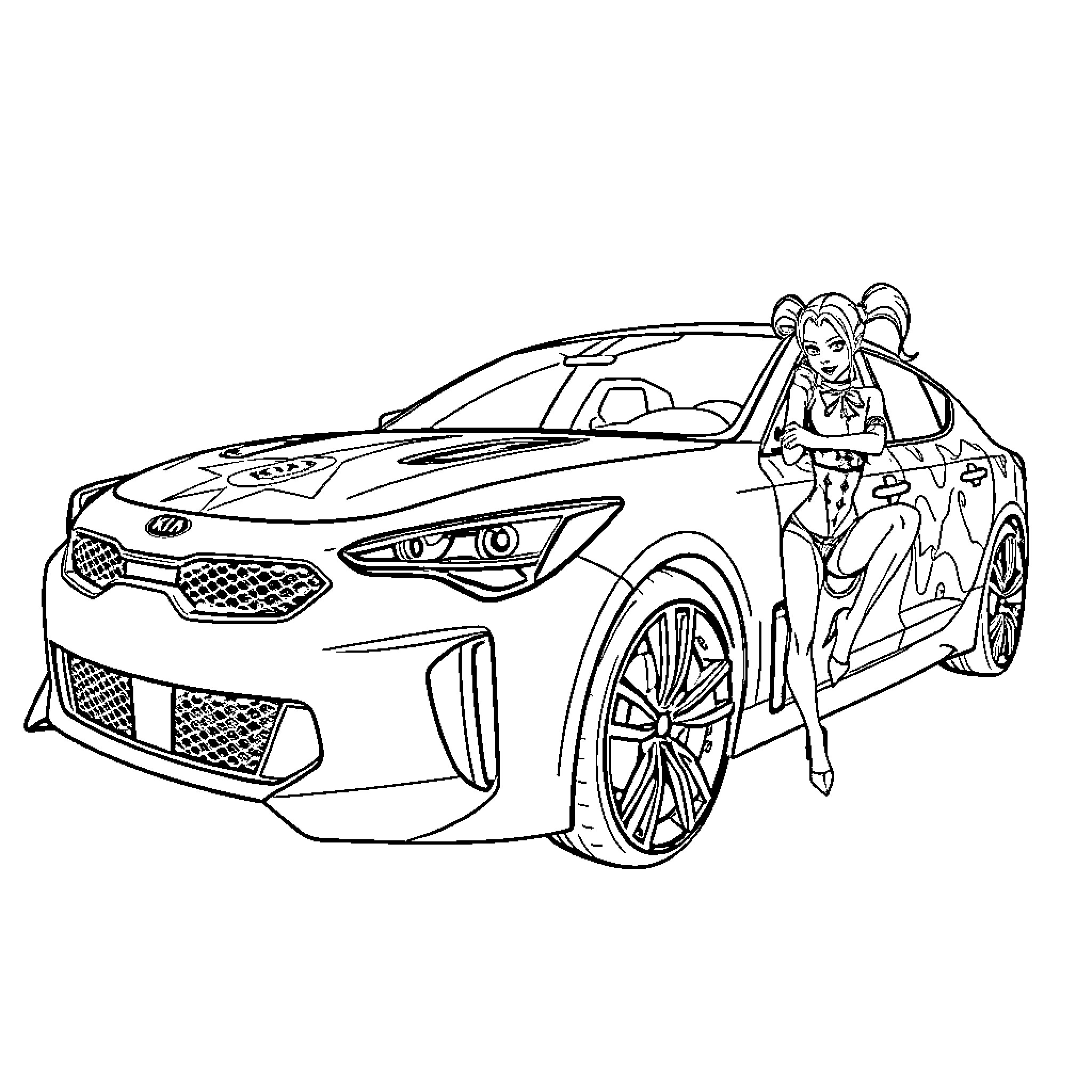 Kia car with stylized figure Coloring Page (free black-and-white line drawing printable PDF for all, from beginners to advanced learners, including children, teens, adults, and seniors)