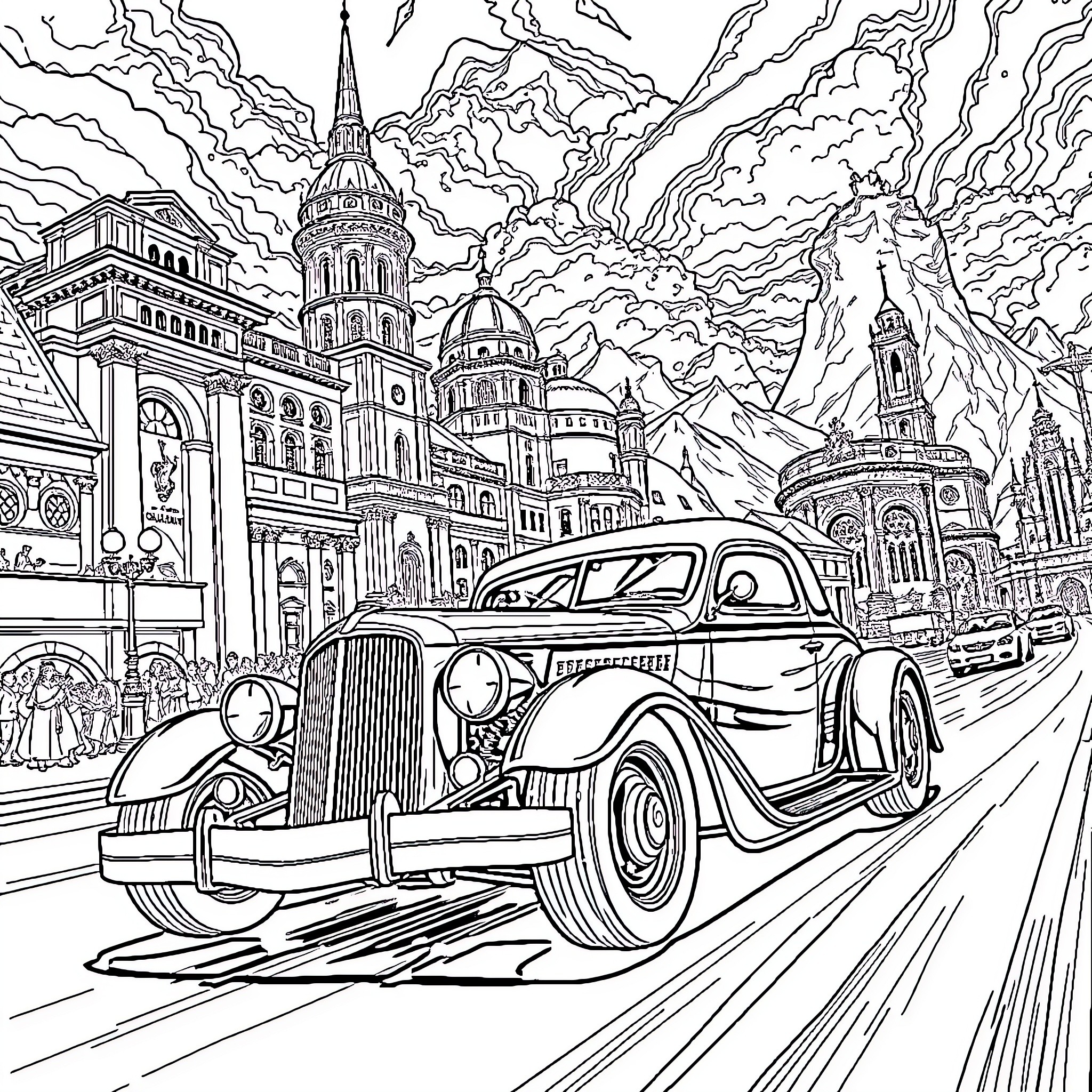 Hotrod racing through a fantastical city landscape Coloring Page (free black-and-white line drawing printable PDF for all, from beginners to advanced learners, including children, teens, adults, and seniors)