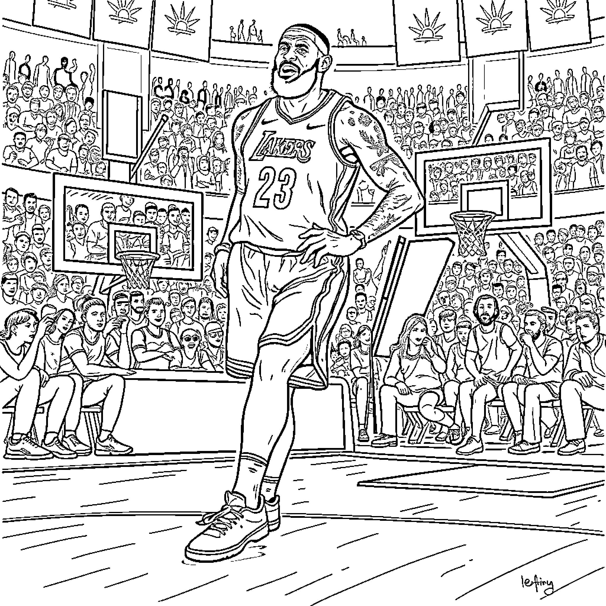 LeBron James Dominates the Basketball Court Coloring Page (free black-and-white line drawing printable PDF for all, from beginners to advanced learners, including children, teens, adults, and seniors)