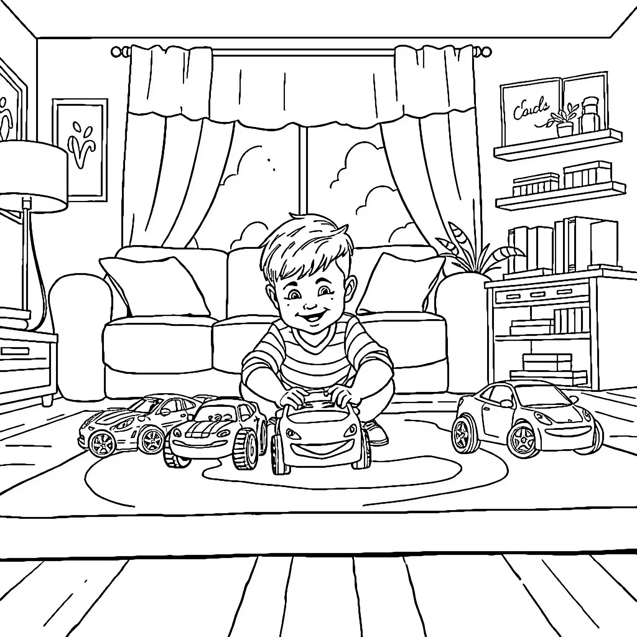 Car-themed playtime in the living room Coloring Page (free black-and-white line drawing printable PDF for all, from beginners to advanced learners, including children, teens, adults, and seniors)
