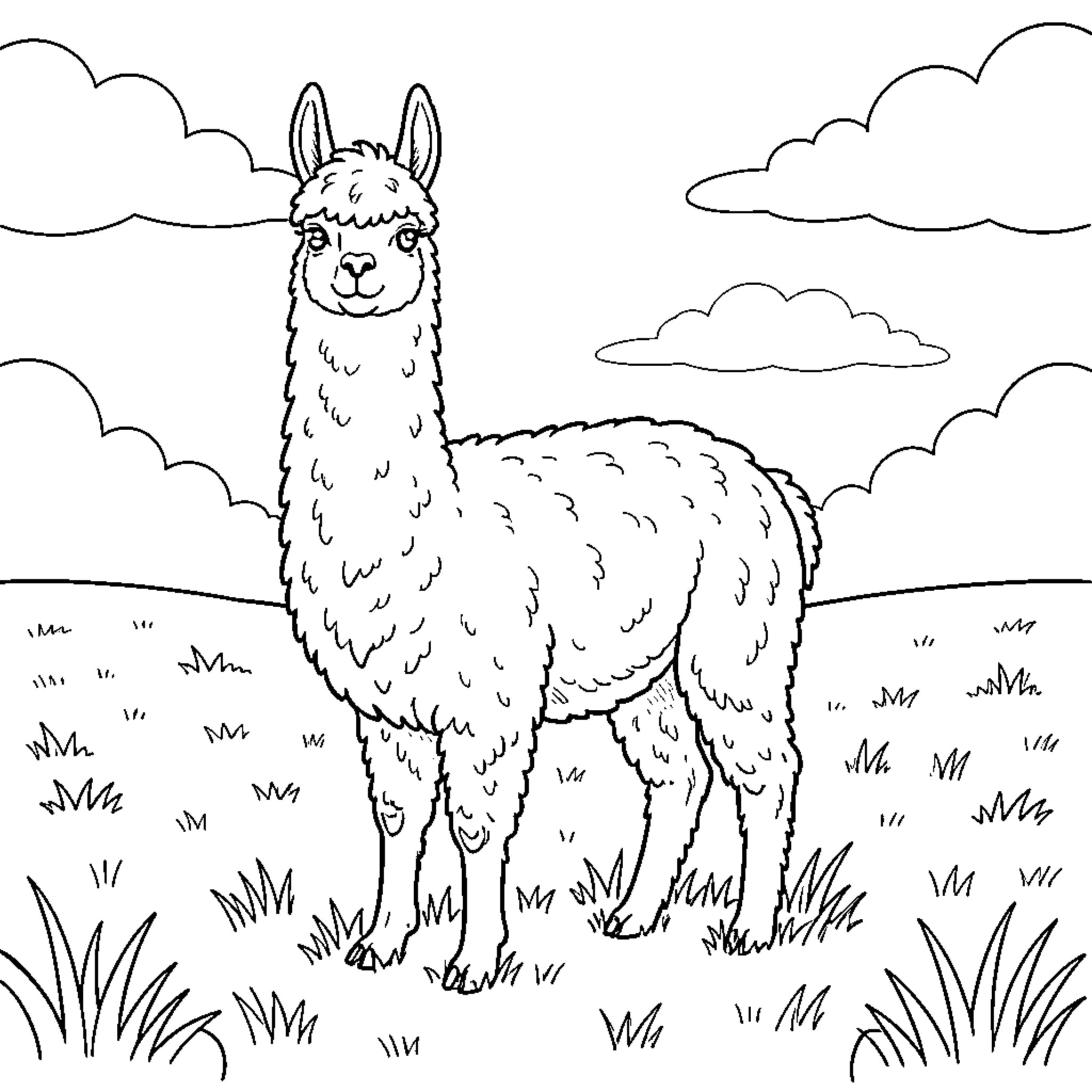 Llama standing in grassy field under cloudy sky Coloring Page (free black-and-white line drawing printable PDF for all, from beginners to advanced learners, including children, teens, adults, and seniors)