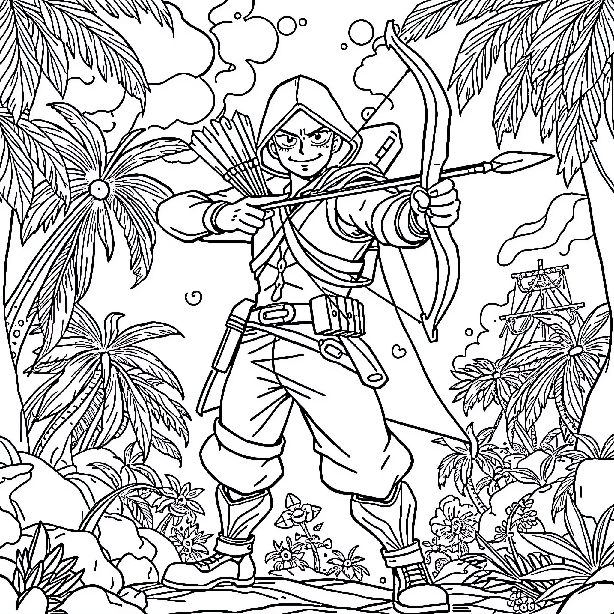 Green Arrow Archer in Tropical Forest Adventure Coloring Page (free black-and-white line drawing printable PDF for all, from beginners to advanced learners, including children, teens, adults, and seniors)