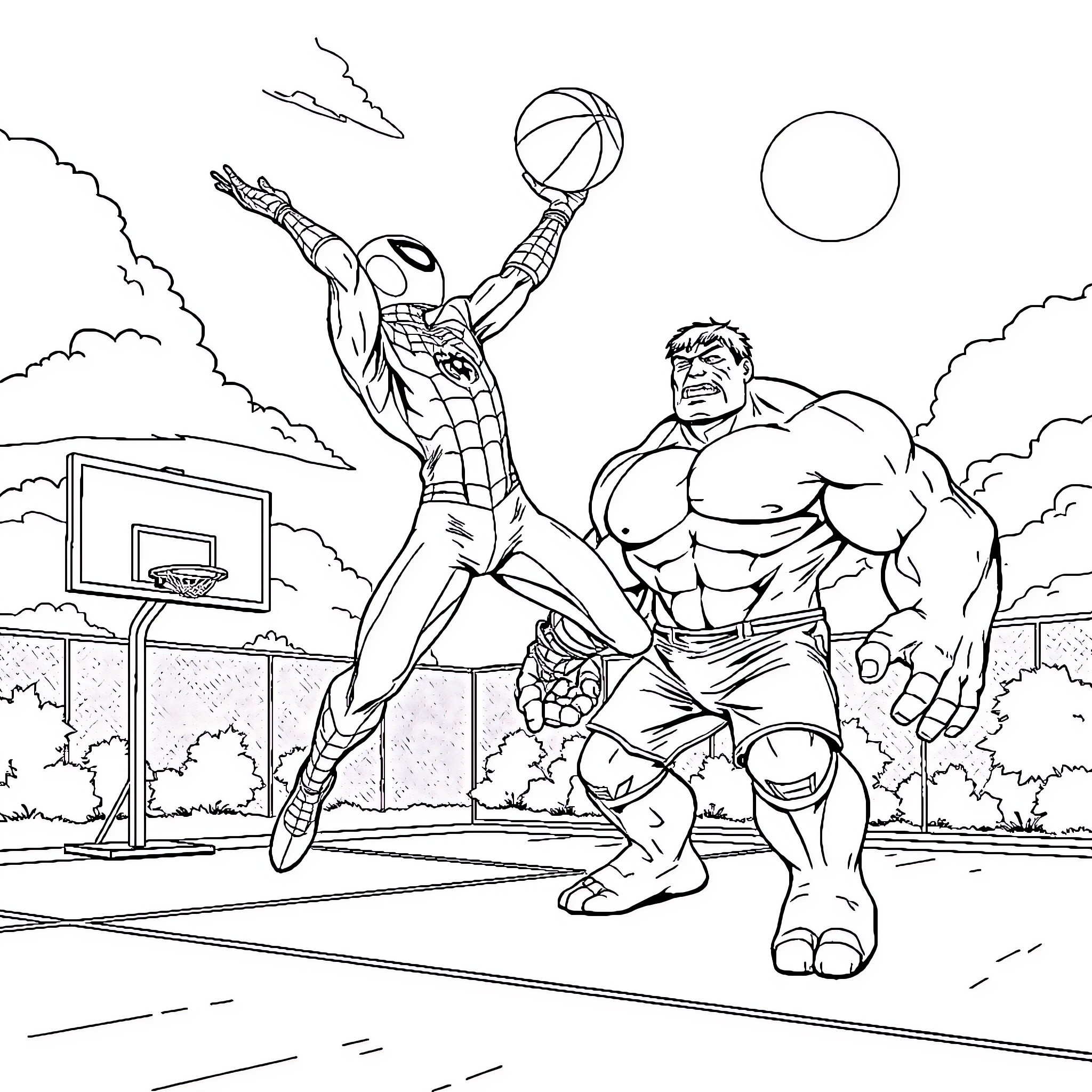 Spiderman and Hulk basketball showdown on the court Coloring Page (free black-and-white line drawing printable PDF for all, from beginners to advanced learners, including children, teens, adults, and seniors)