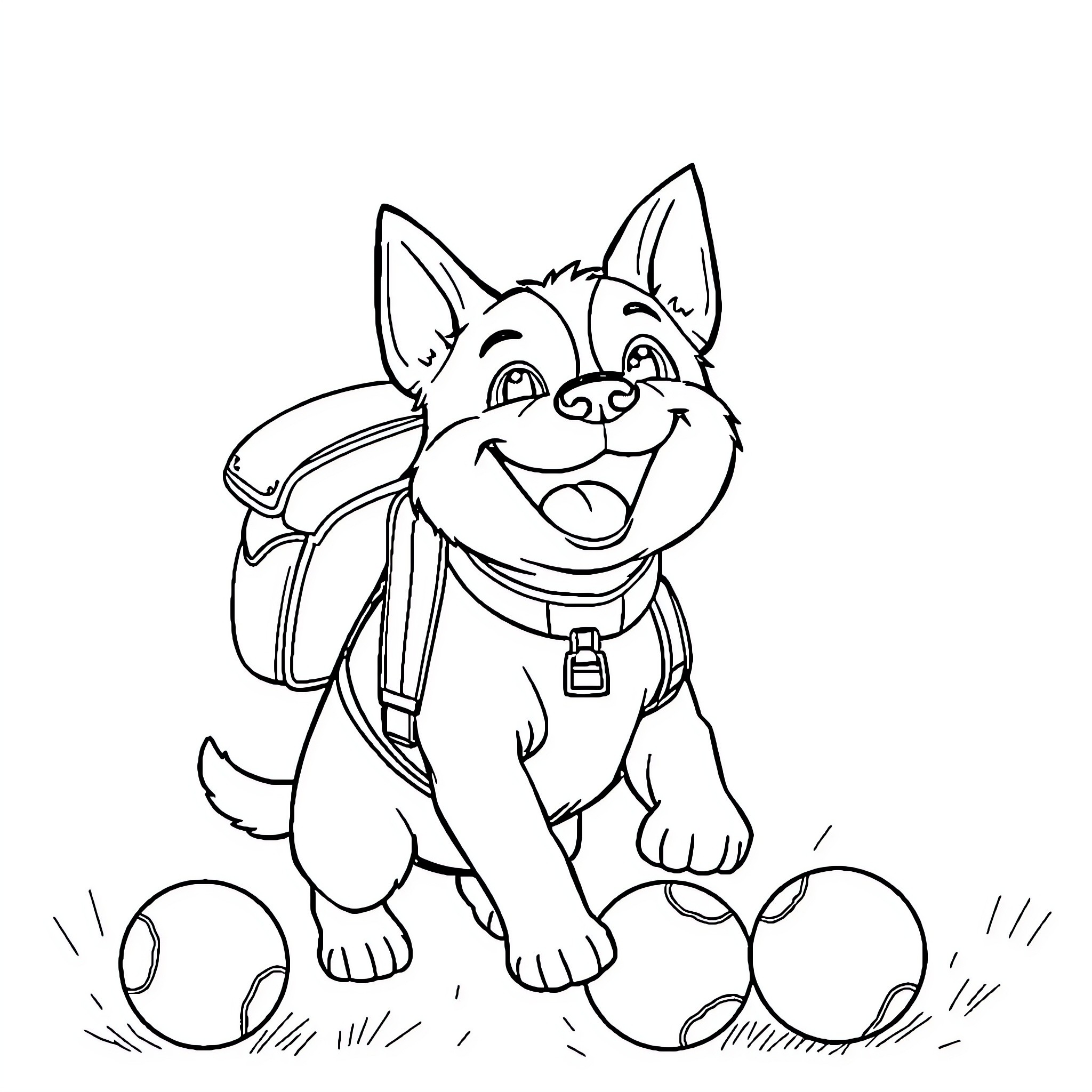 Dog playing with toys in the park Coloring Page (free black-and-white line drawing printable PDF for all, from beginners to advanced learners, including children, teens, adults, and seniors)