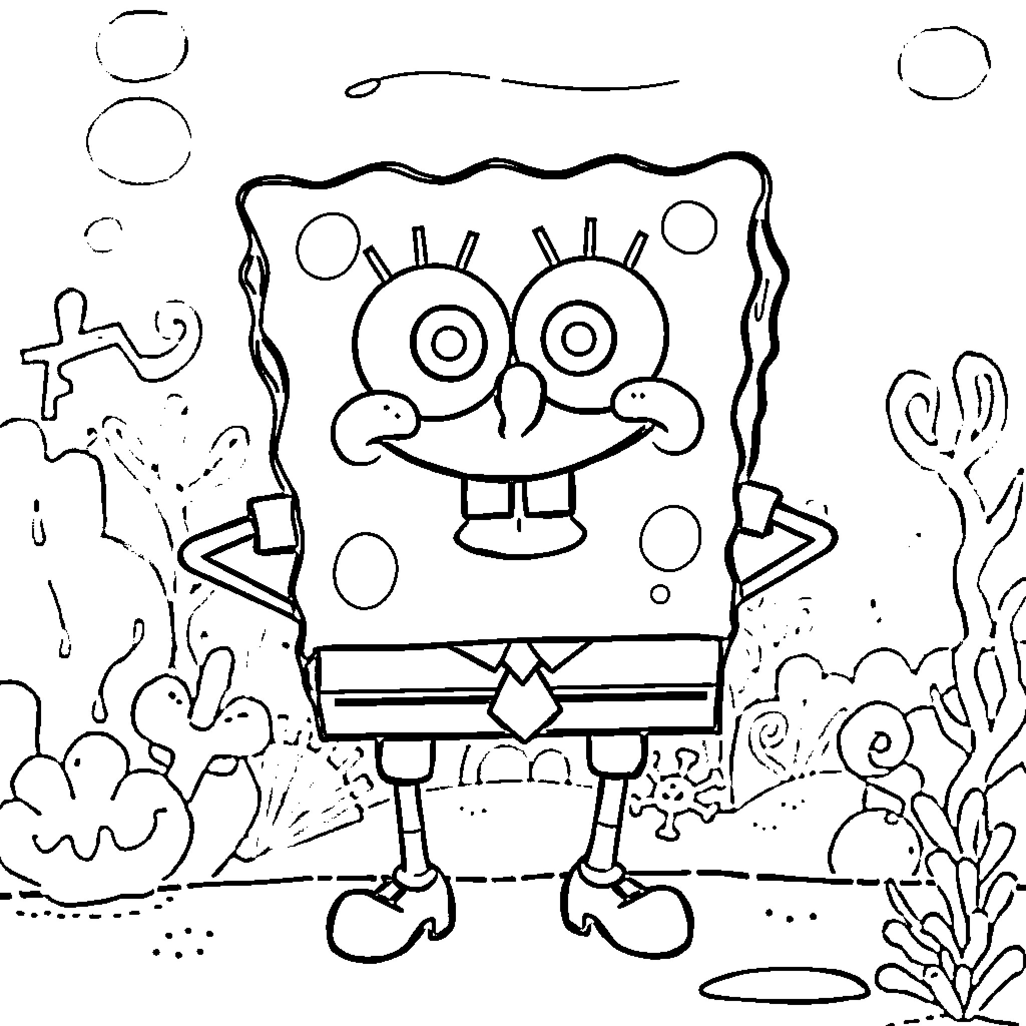 Spongebob having fun in the ocean Coloring Page (free black-and-white line drawing printable PDF for all, from beginners to advanced learners, including children, teens, adults, and seniors)