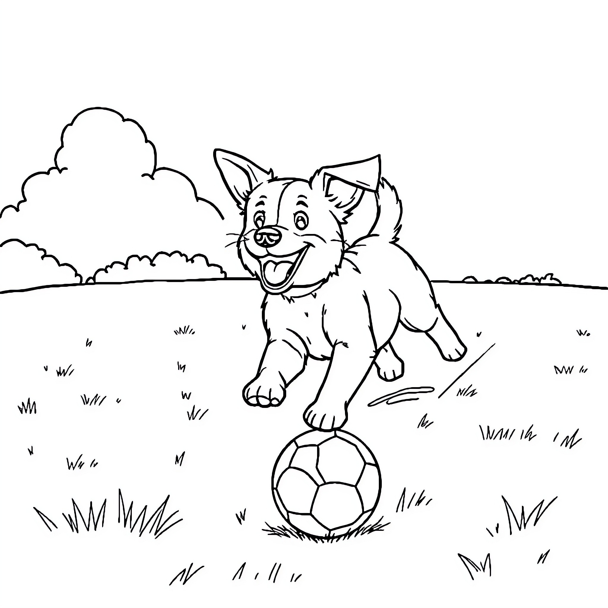 Dog playing with soccer ball in the park Coloring Page (free black-and-white line drawing printable PDF for all, from beginners to advanced learners, including children, teens, adults, and seniors)