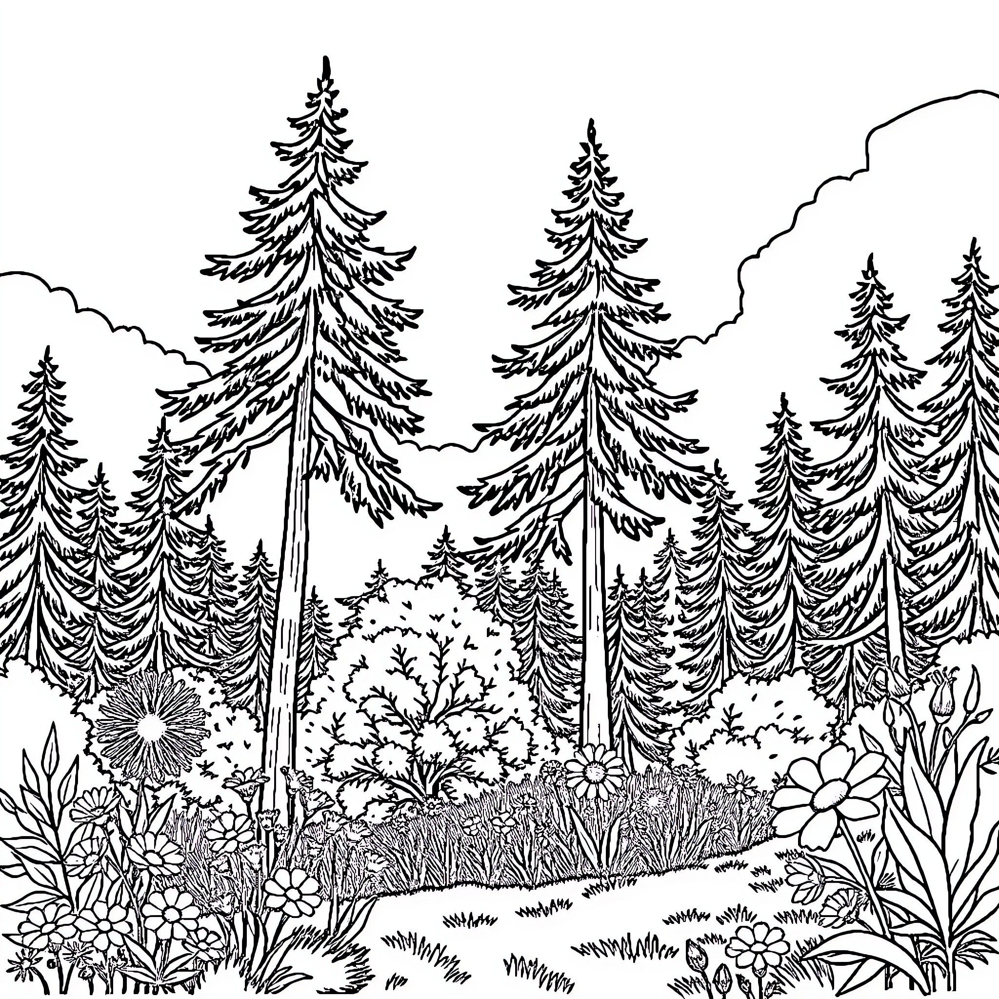 Nature's Serene Forest Landscape Coloring Page (free black-and-white line drawing printable PDF for all, from beginners to advanced learners, including children, teens, adults, and seniors)